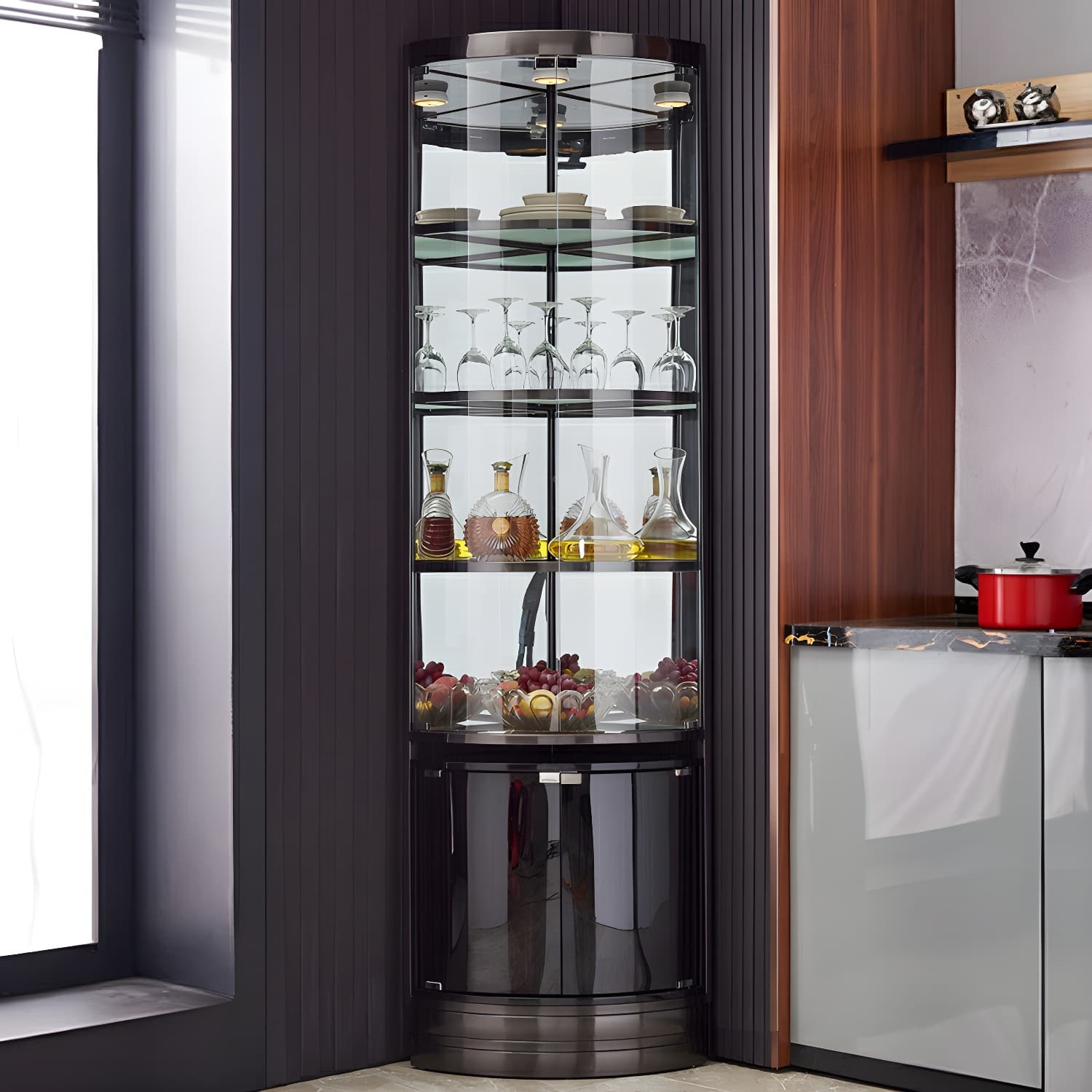 Glam Metal Corner Glass Paned Knobs Accent Cabinet with Shelves