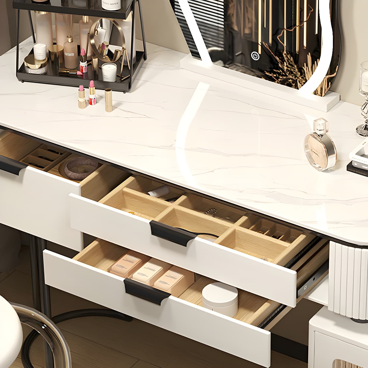 Contemporary Stone Top Vanity Table Set with Mirror and Stool Glam Slate Dressing Table - image 12