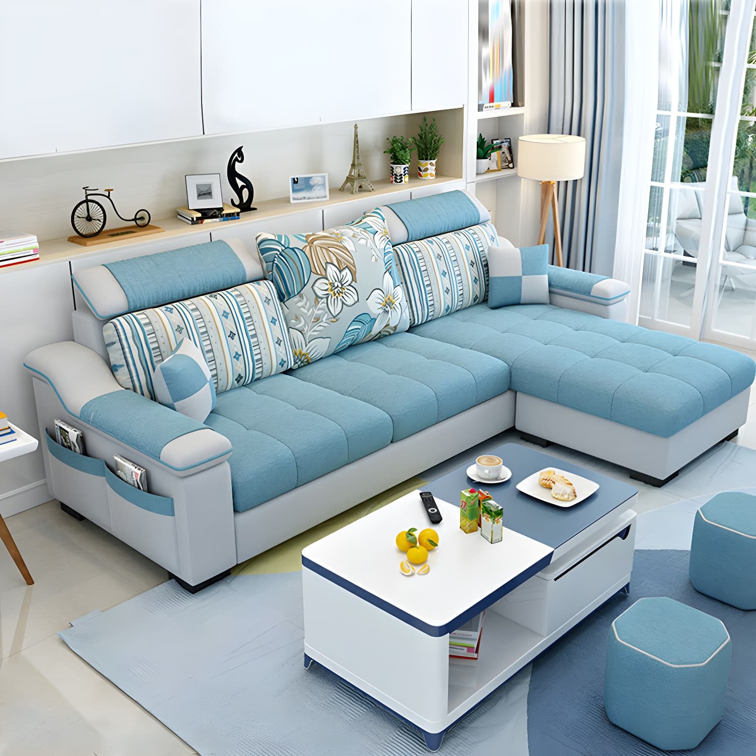 Modern Reversible Straight Sectional Sofa with Ottoman in Linen Upholstery, Sloped Arms - image 11