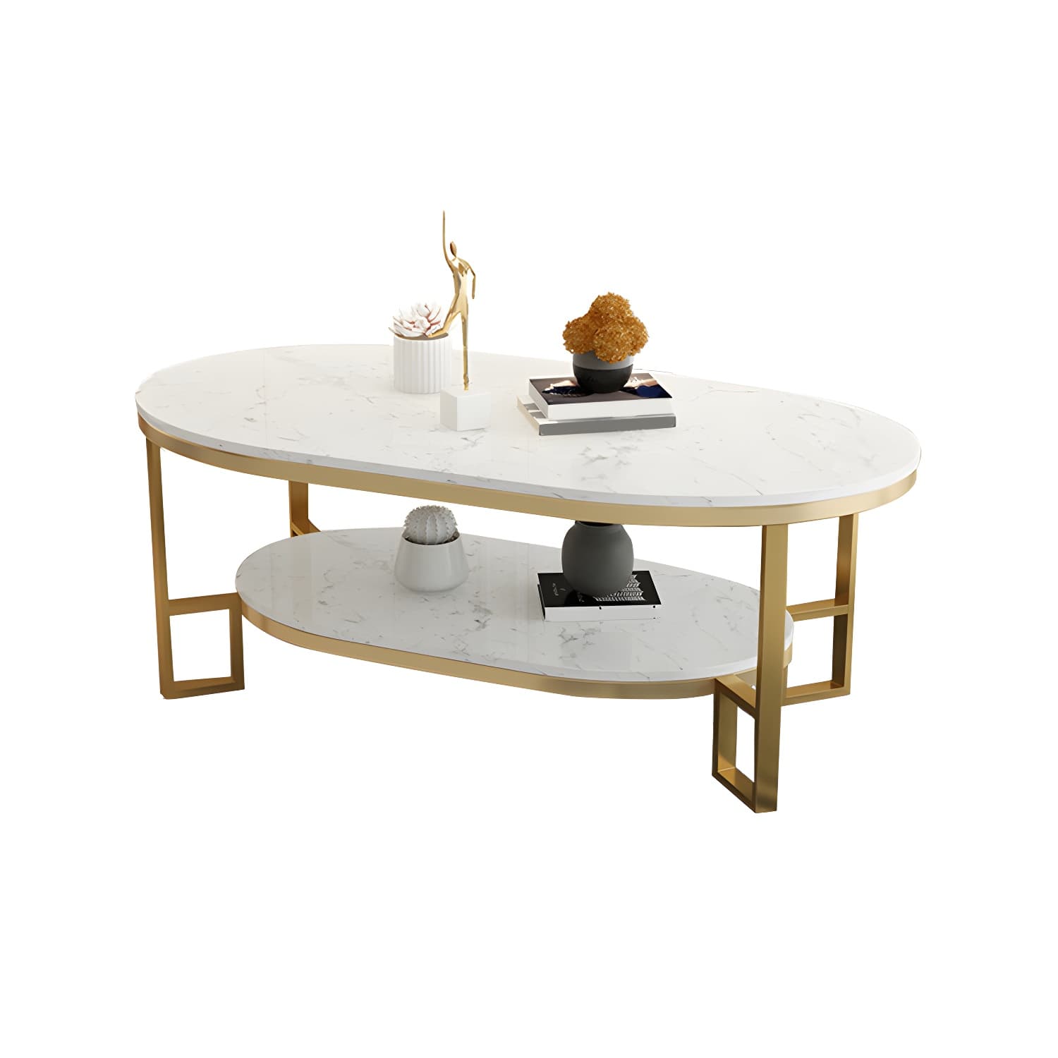 17.72" H Stone/Marble Top Coffee Table Frame Shelf Included Cocktail Table