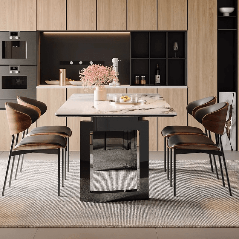 Dining Table Set with Slate Stone Top, Two-sided Pedestal, Padded Chair, Back, for 6 People/4 People in White