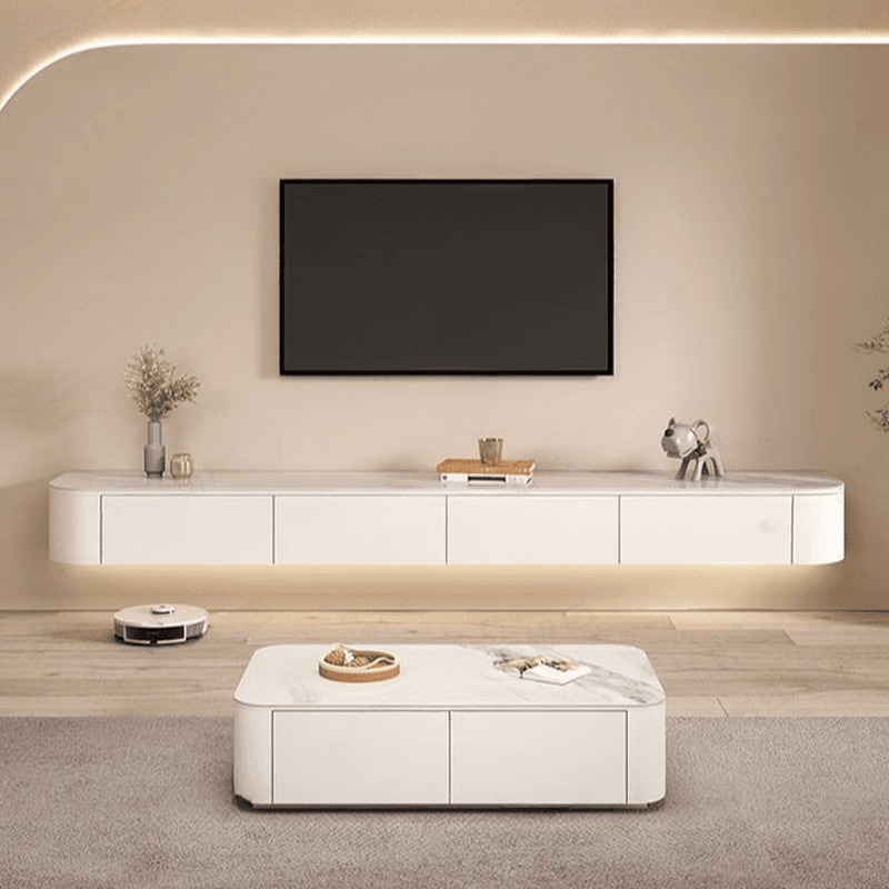 White Wall Hung Art Deco TV Stand with 2 Drawers, 2 Cabinets, and Cable Management