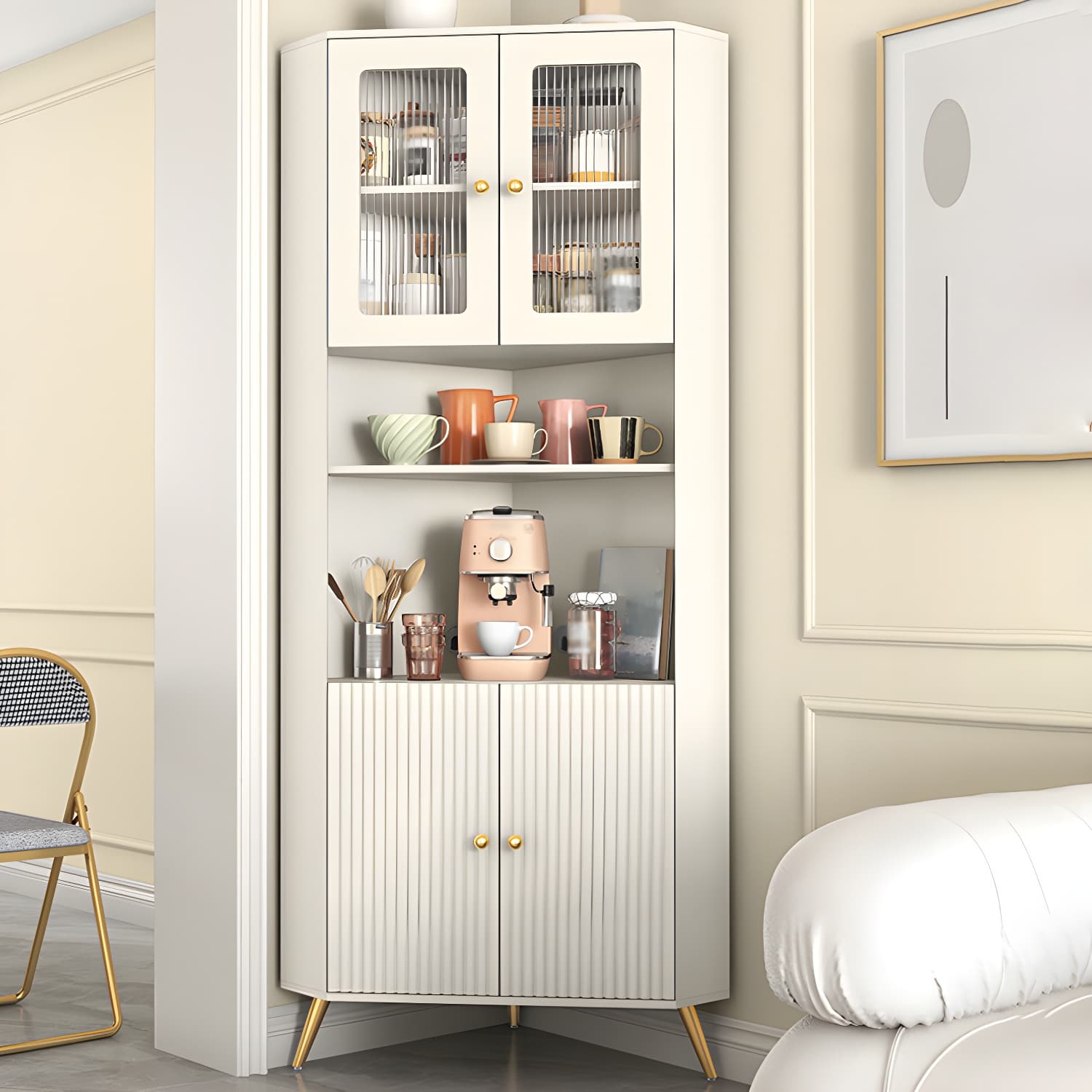 Modern Corner Accent Cabinet with White Wood Countertop, Glass Doors, and Gold Metal Base