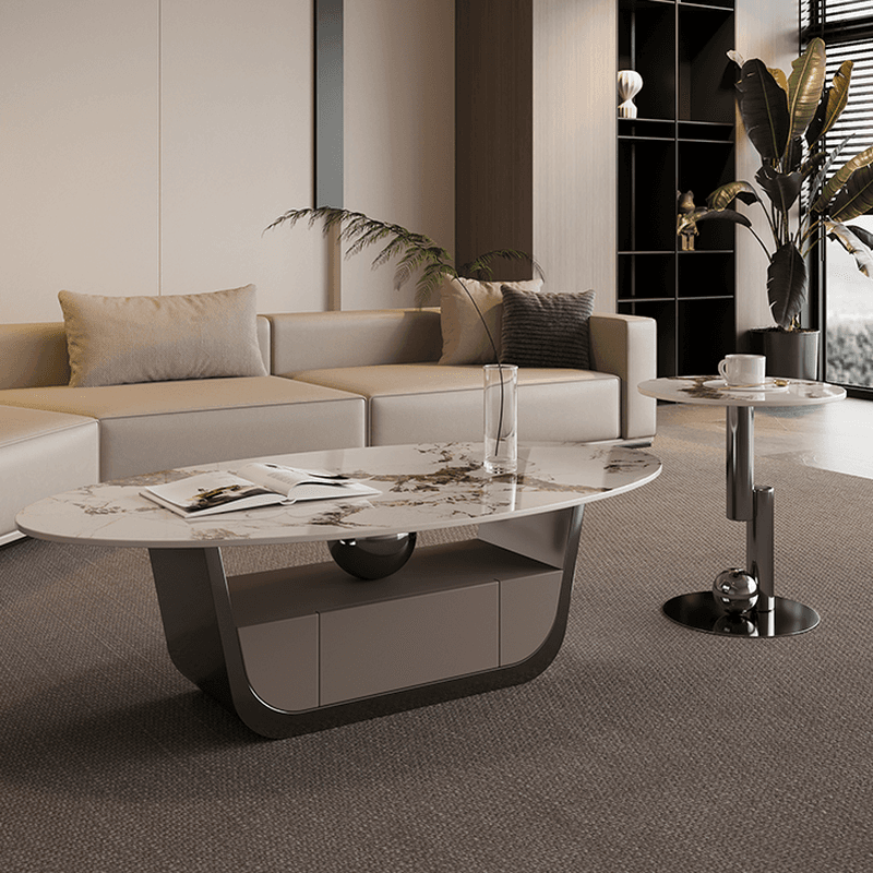 Glamorous Oblong Stone Coffee Table with Abstract Base, Scratch-proof and Drawer for Small Spaces - image 3
