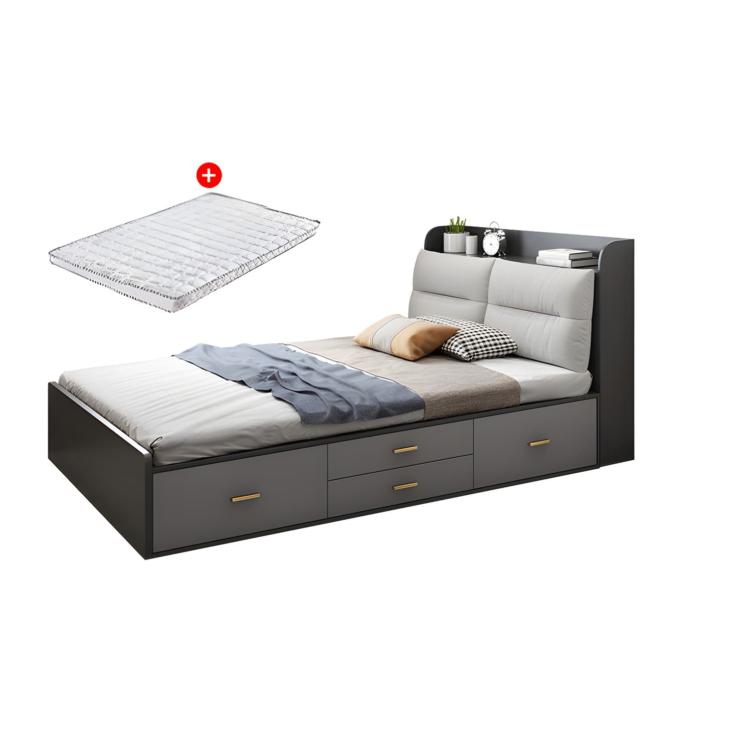Scandinavian Low Profile Bed with Headboard Upholstered Bed with Drawers - image 15