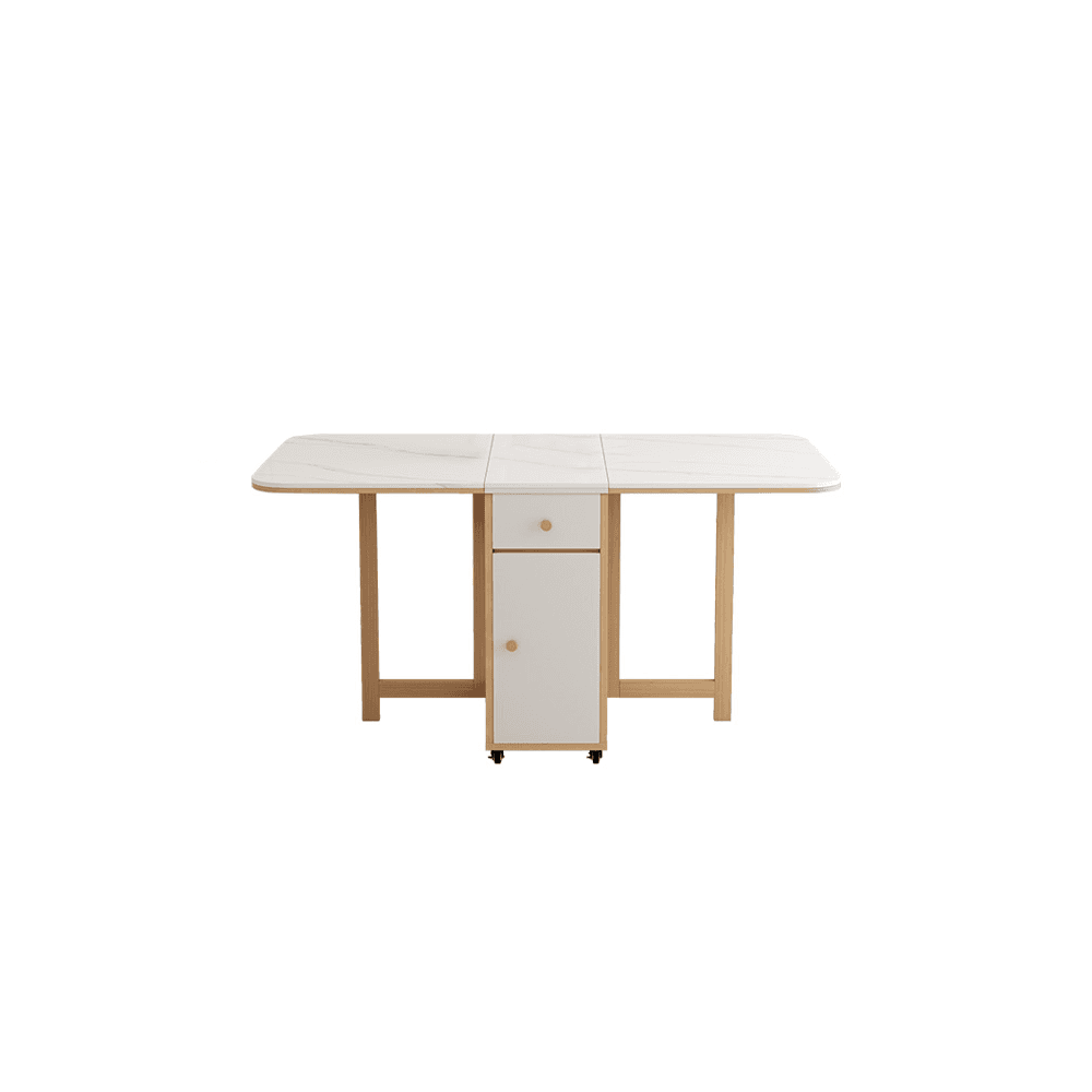 Dining Table Set with Slate Stone Top, Drop Leaf, Padded Chair with Back, White Finish, and Receptacle Storage