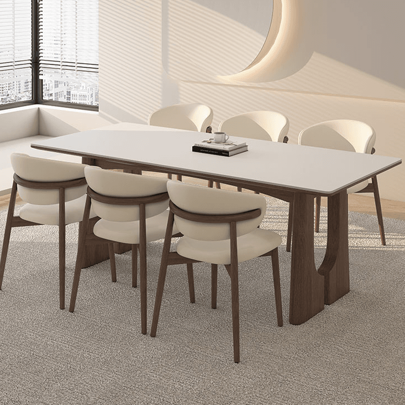 Dining Table Set with Slate Two-sided Pedestal, Upholstered Back, Fixed Table, Padded Chair, and White Top - image 4