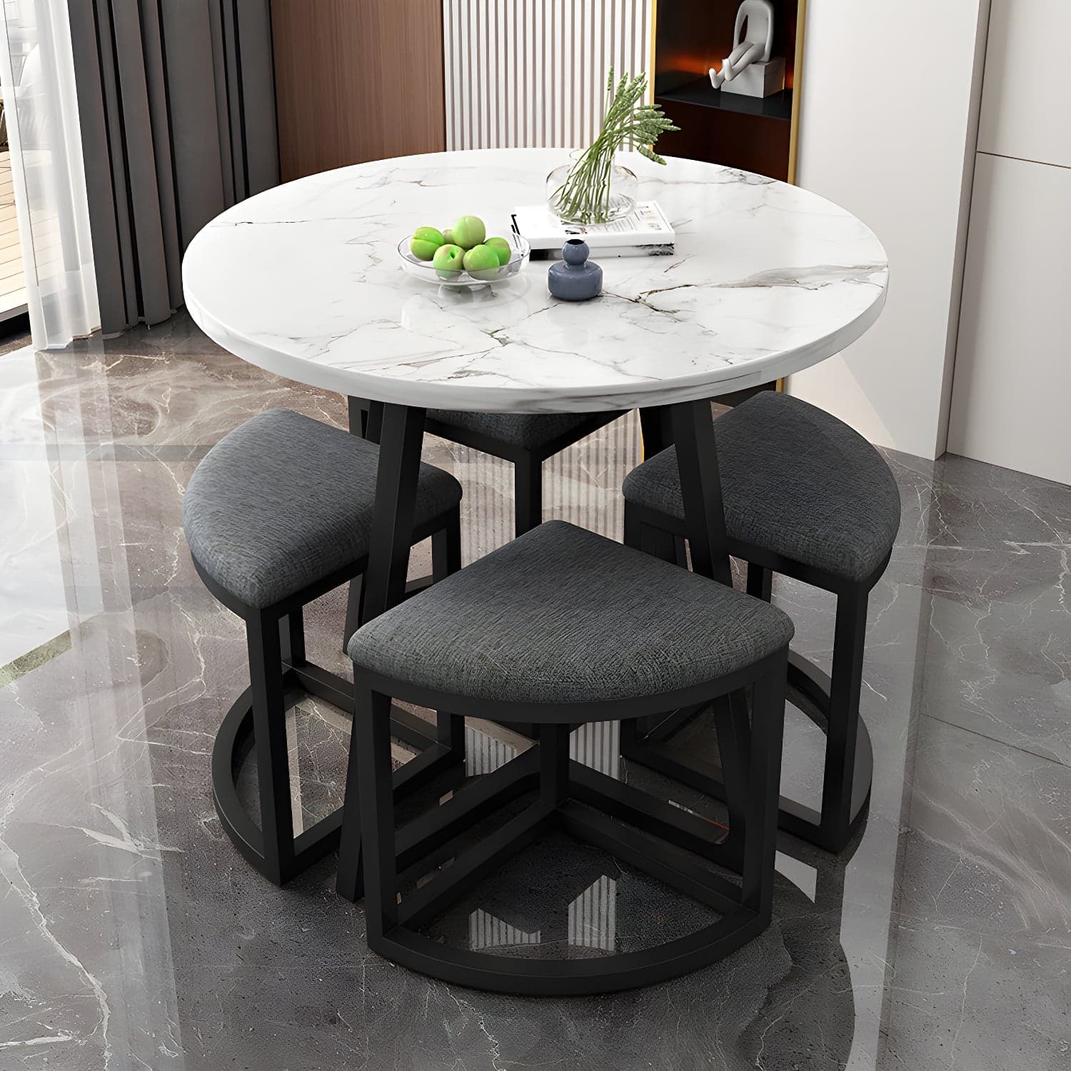 Round White Wood Tone Modern Dining Set with Metal Pedestal Base - Seats 4 - image 3