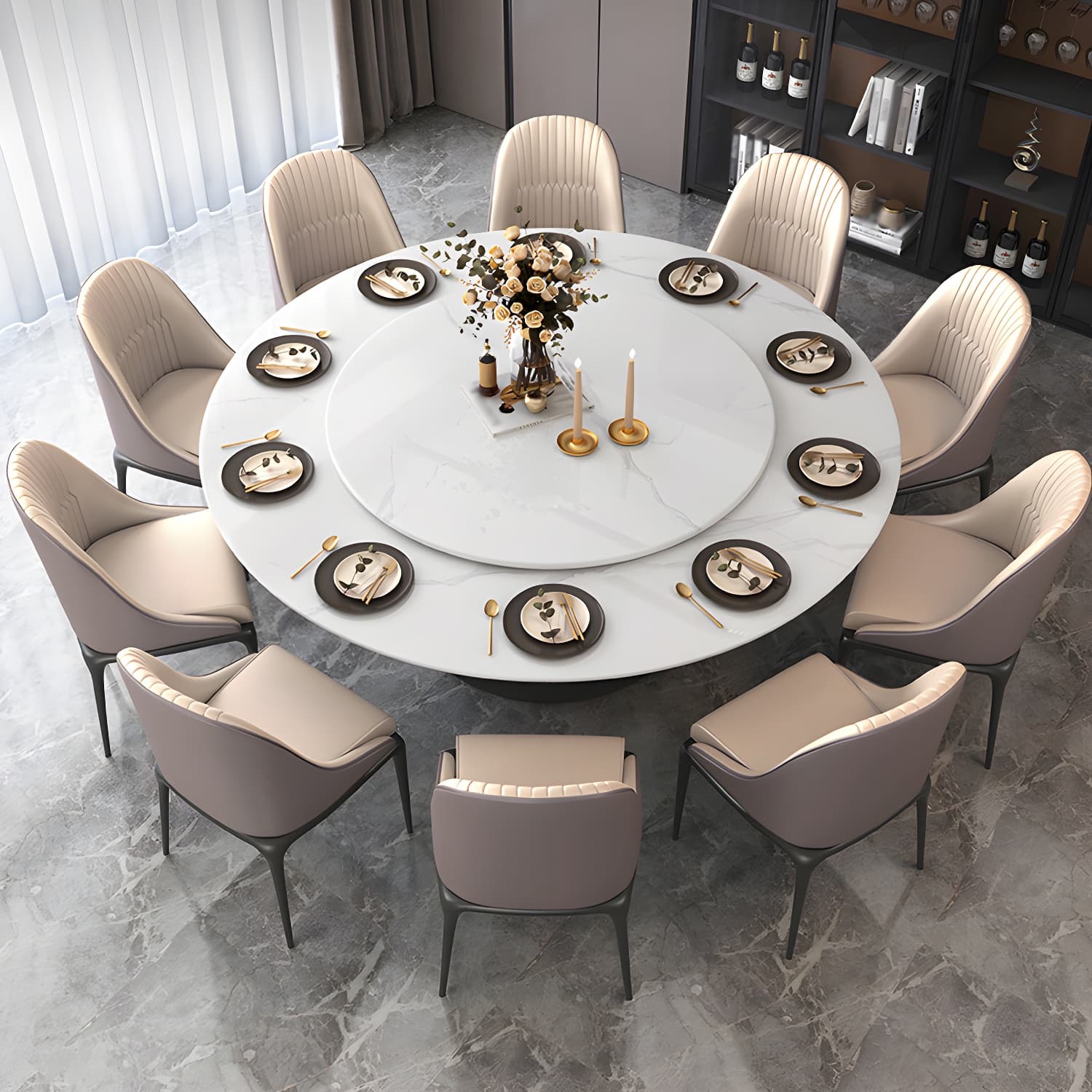 Modern Round Dining Table White and Black Metal Base Convertible Dining Table - image 14