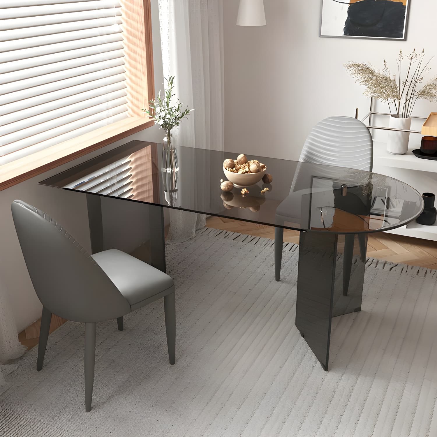 Glass Modern Top Space Saving Dining Table with Double Pedestal
