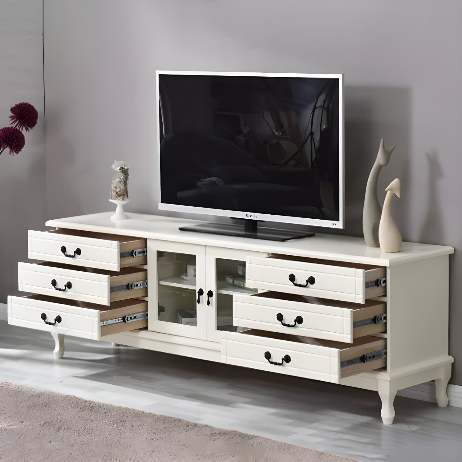 Modern 6-Drawer Solid Wood TV Stand with Glass Doors - 23.5" High - image 7