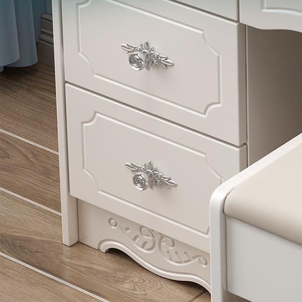 Modern White Wood Makeup Vanity with Seating & Standing Mirror - image 6