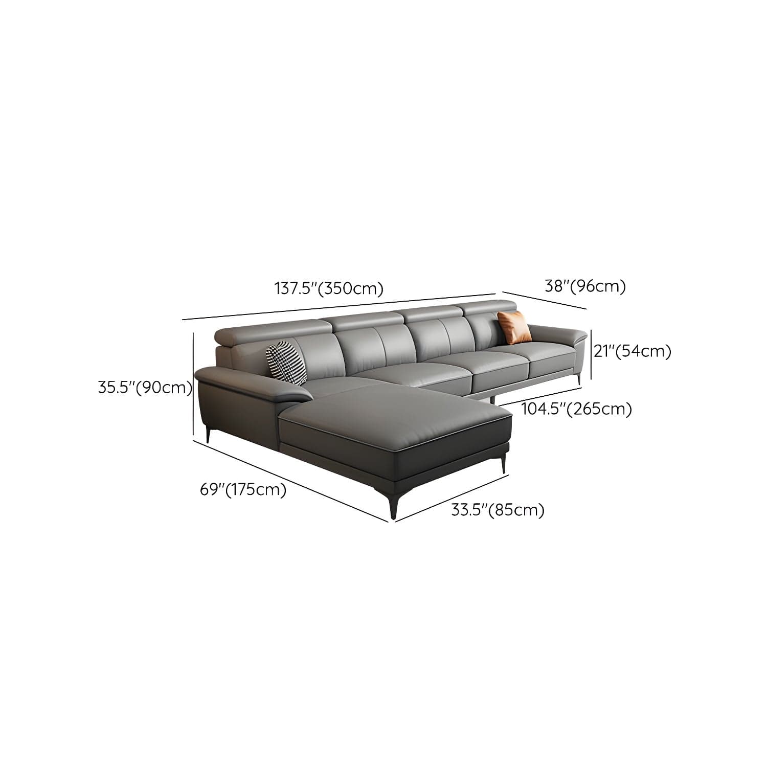 Modern Genuine Leather Sectional Sofa with Pillow Top Arms and Black Legs - image 13
