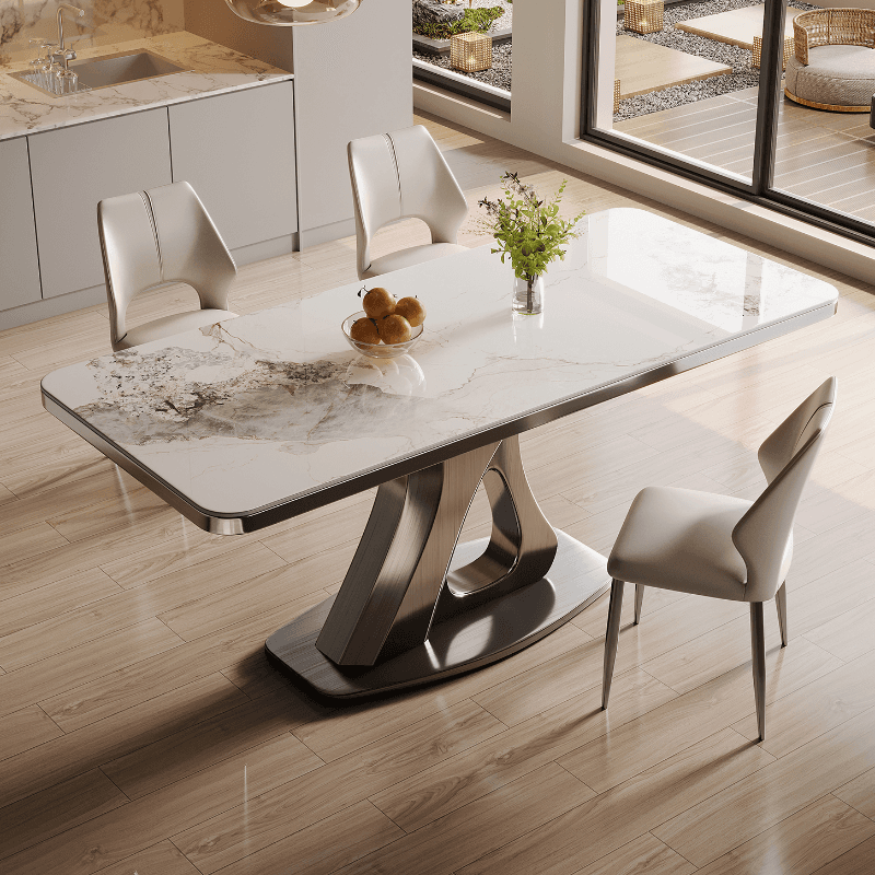 Dining Table Set with Slate Stone Top, Stump Base, Fixed Table, Padded Chair with Back in White