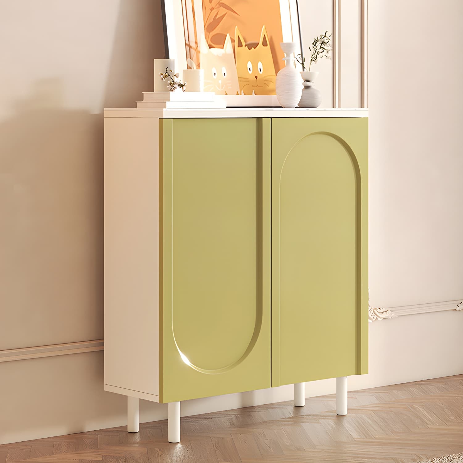 Scandinavian Wood Buffet Sideboard with Stone Countertop and Adjustable Shelves