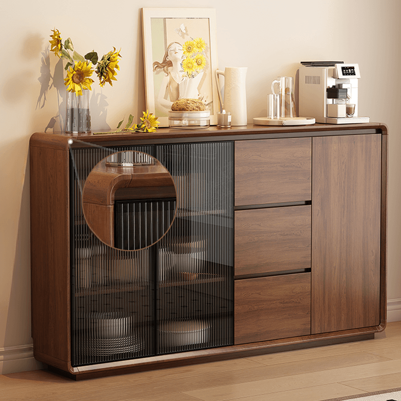 Espresso Sideboard with 3 Drawers, Locker Cabinet, Narrow Size, Compartment Storage, Glass-panel Door, and Flexible Shelf - image 3