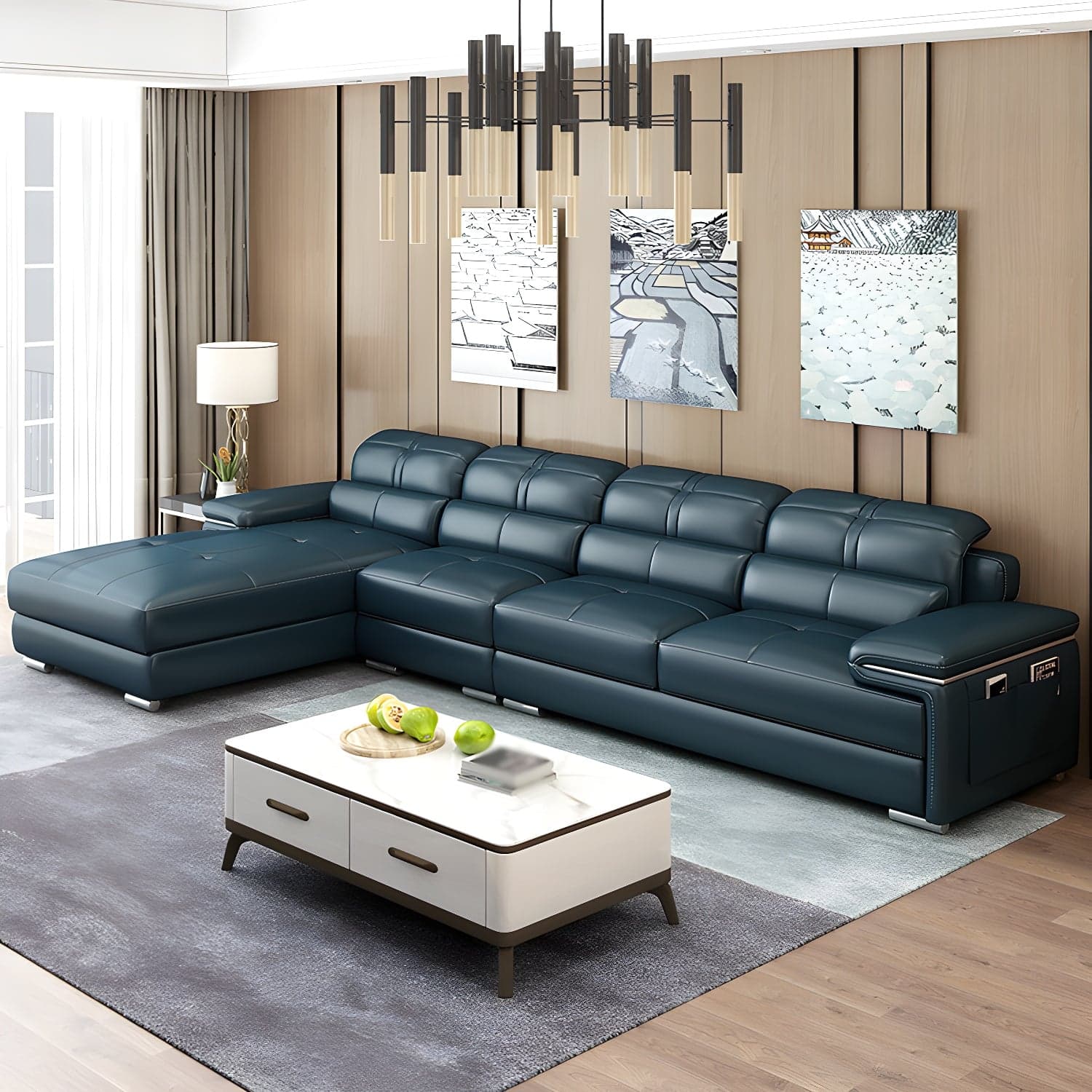 Genuine Leather Sectional 34.65"High Pillow Top Arm Sofa with Storage, Blue