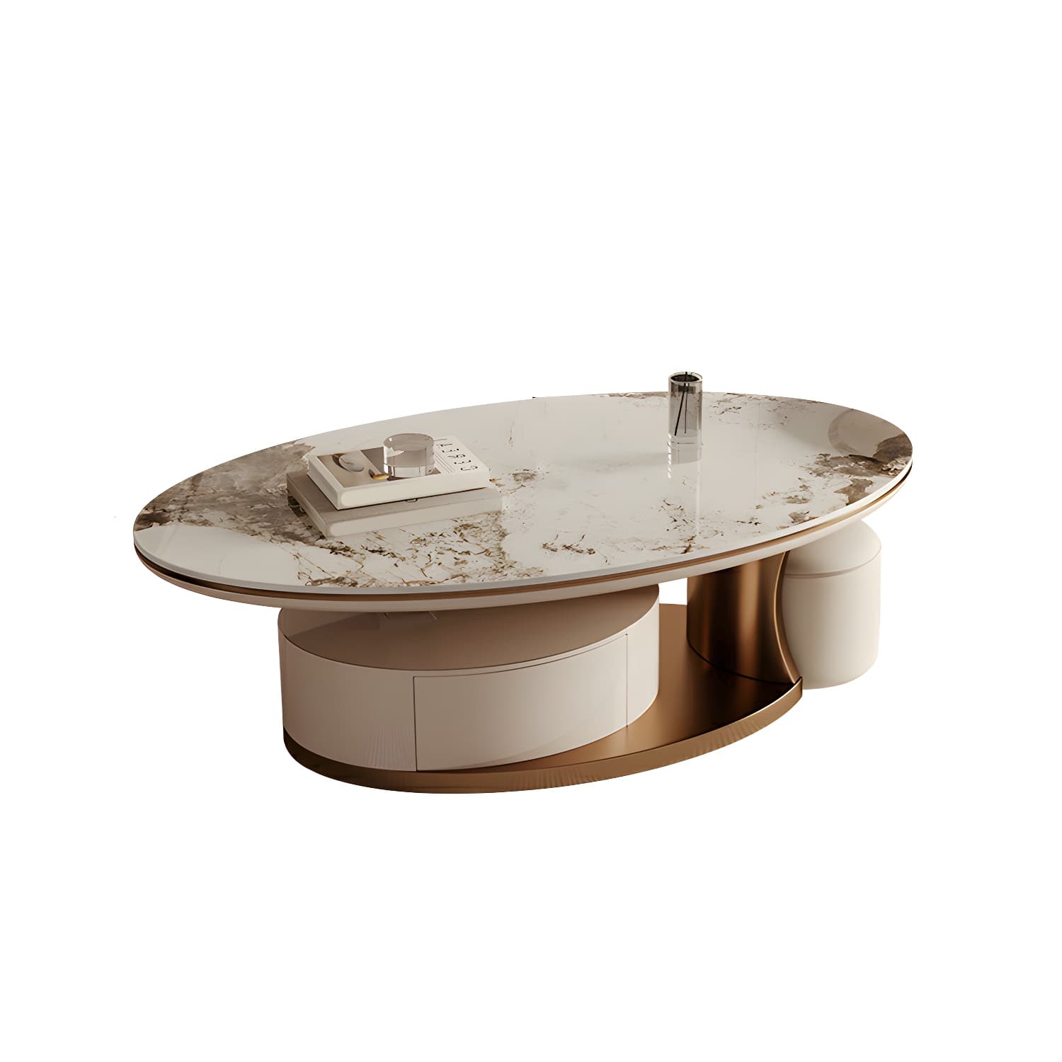 Luxurious Oval Stone Cocktail Table in White with Storage Drawer