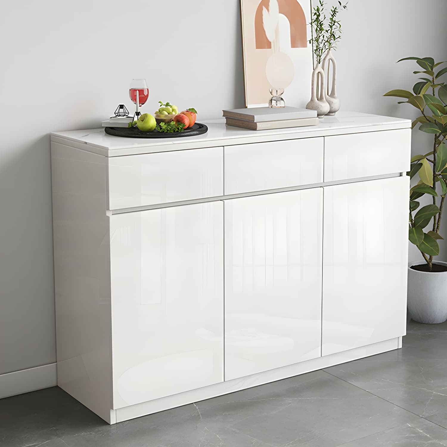Modern White Buffet Cabinet with Stone Countertop and Wood Cabinets Included - image 3