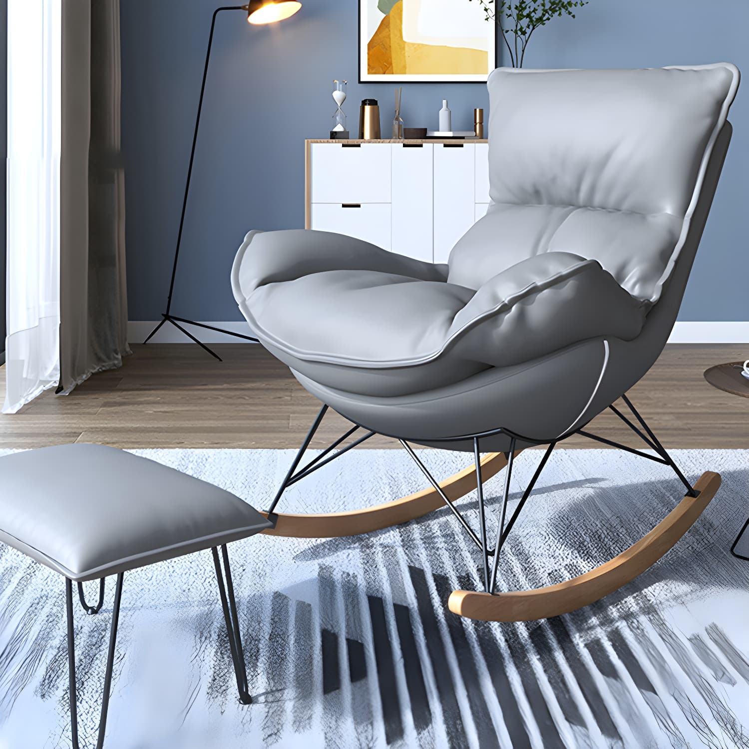 Contemporary Rocker Chair Antique Finish Rocking Chair with Ottoman - image 16