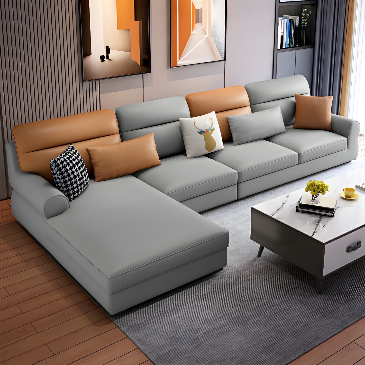 Large Modern L-Shape Stationary Wood Sectional Sofa with Round Arm and Cushion Back - image 12