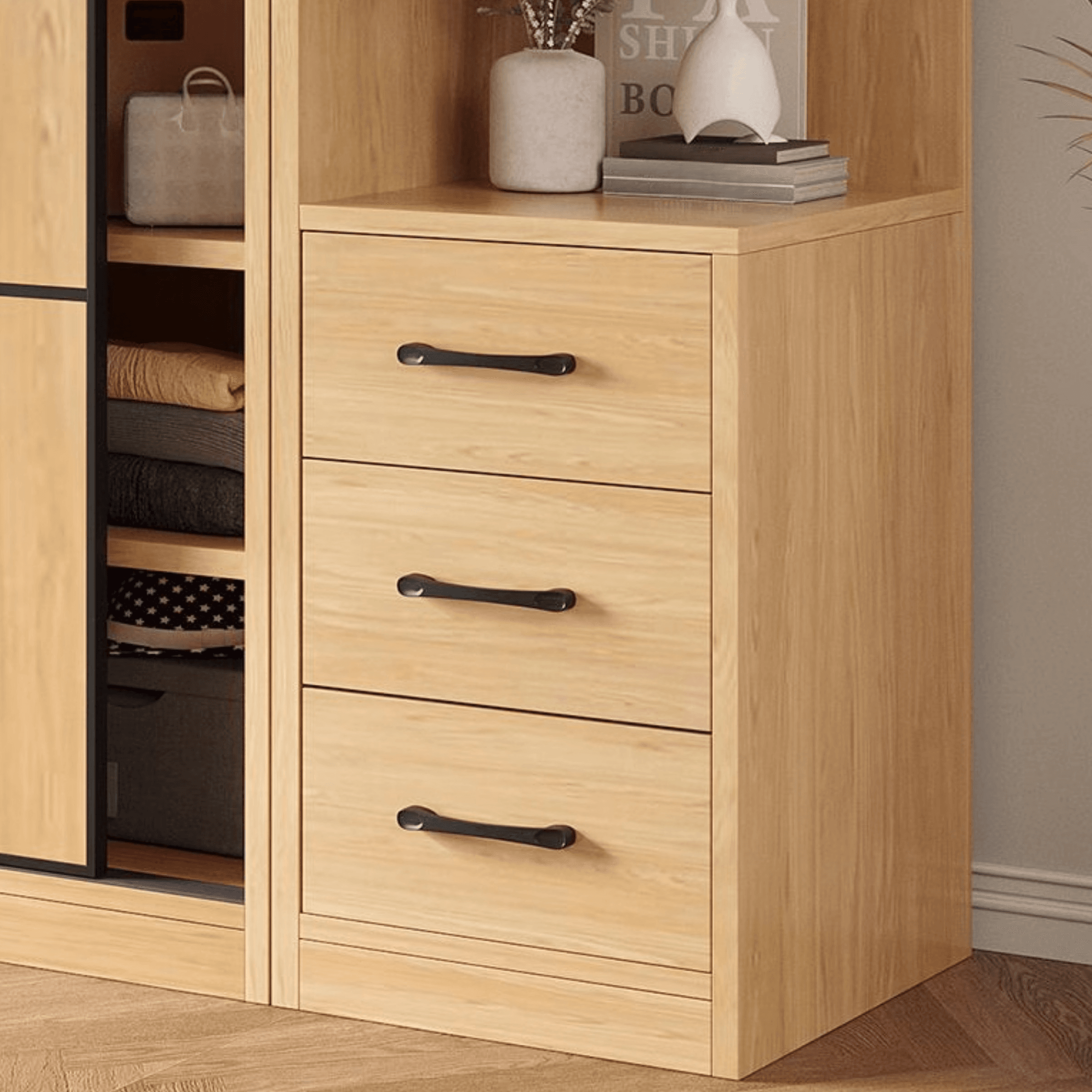 Natural Finish Modern Timber Self-supporting Wardrobe with Soft Close Drawer, Soft Close Door, and Clothing Rod - image 6