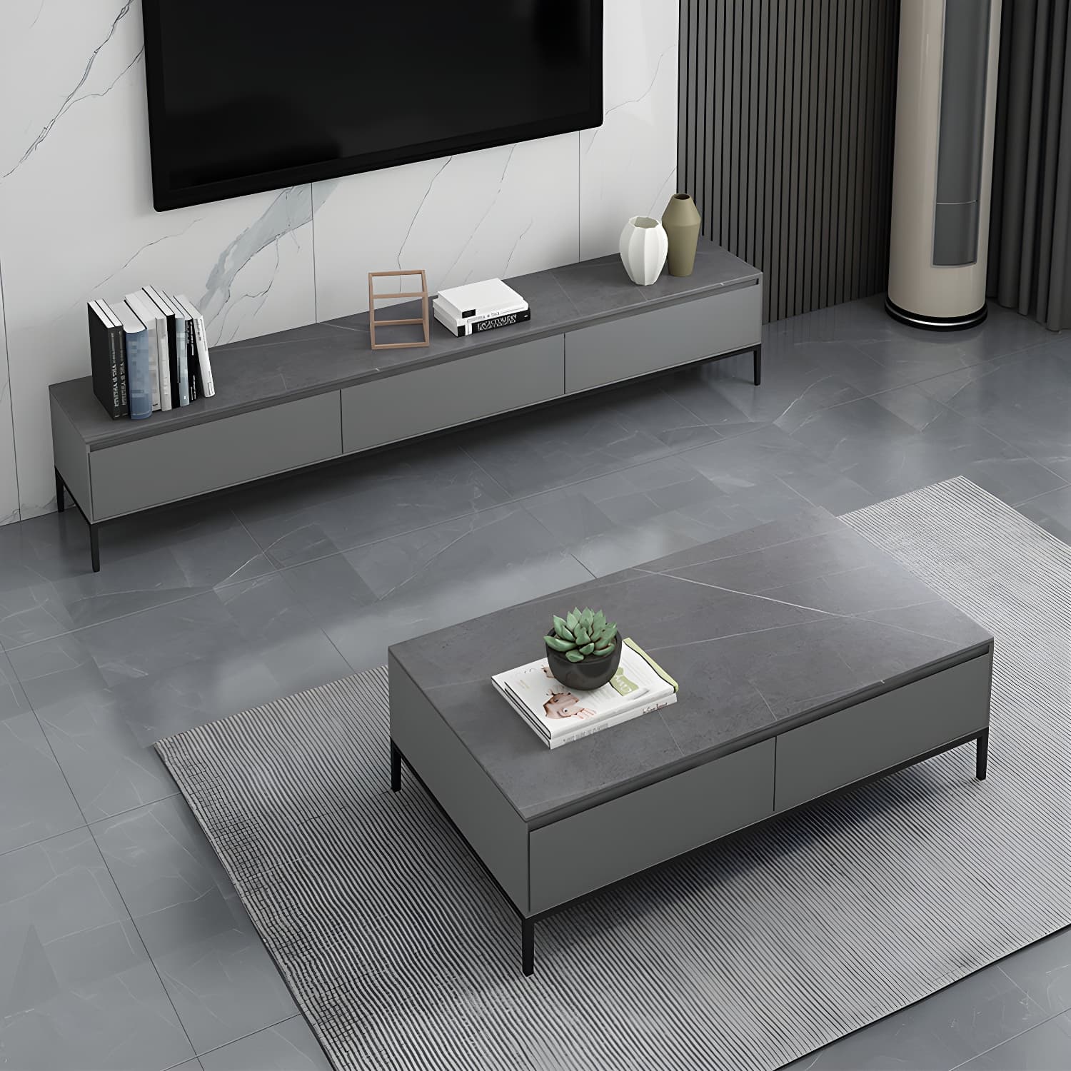 Contemporary Style TV Stand Stone and Engineered Wood TV Cabinet - image 6