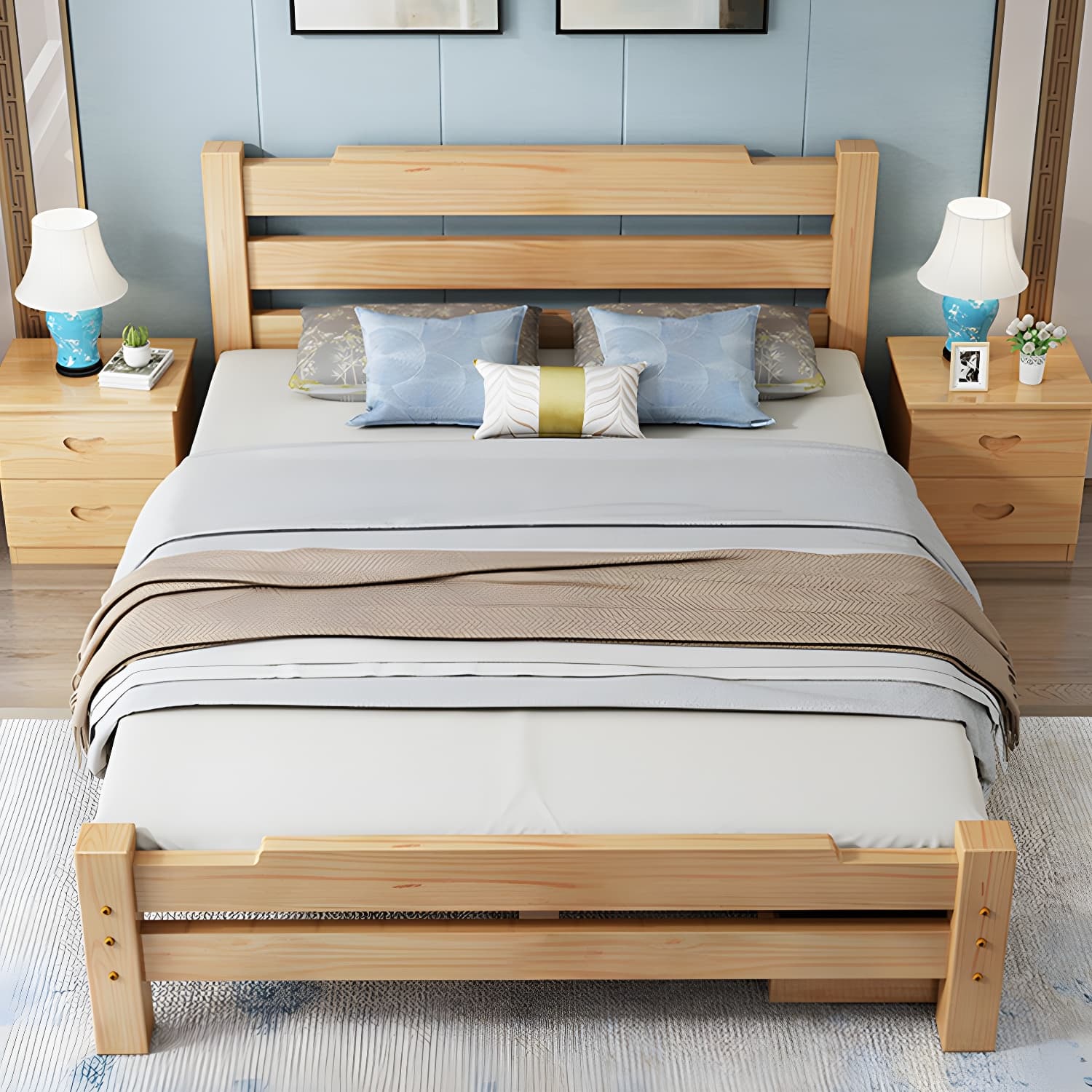Pine Wood Bed in Light Brone Scandinavian Bed with Headboard - image 13