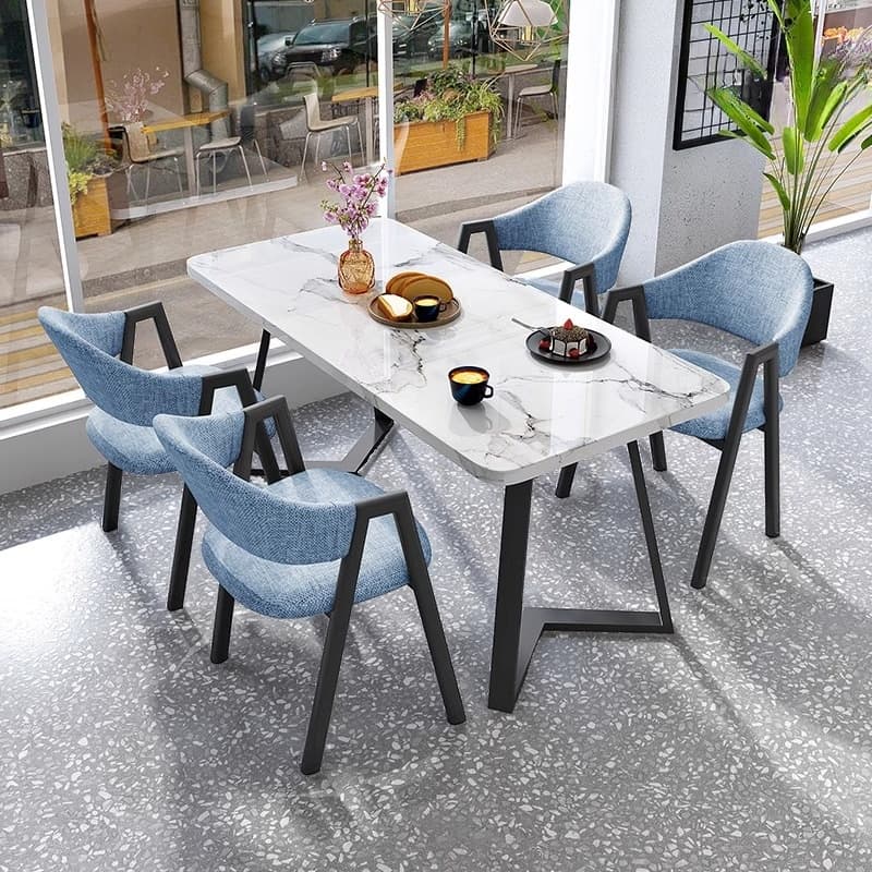 Dining Table Set with Sleighing Slate Top and Padded Chair with Back and Armrest, 5-piece in White