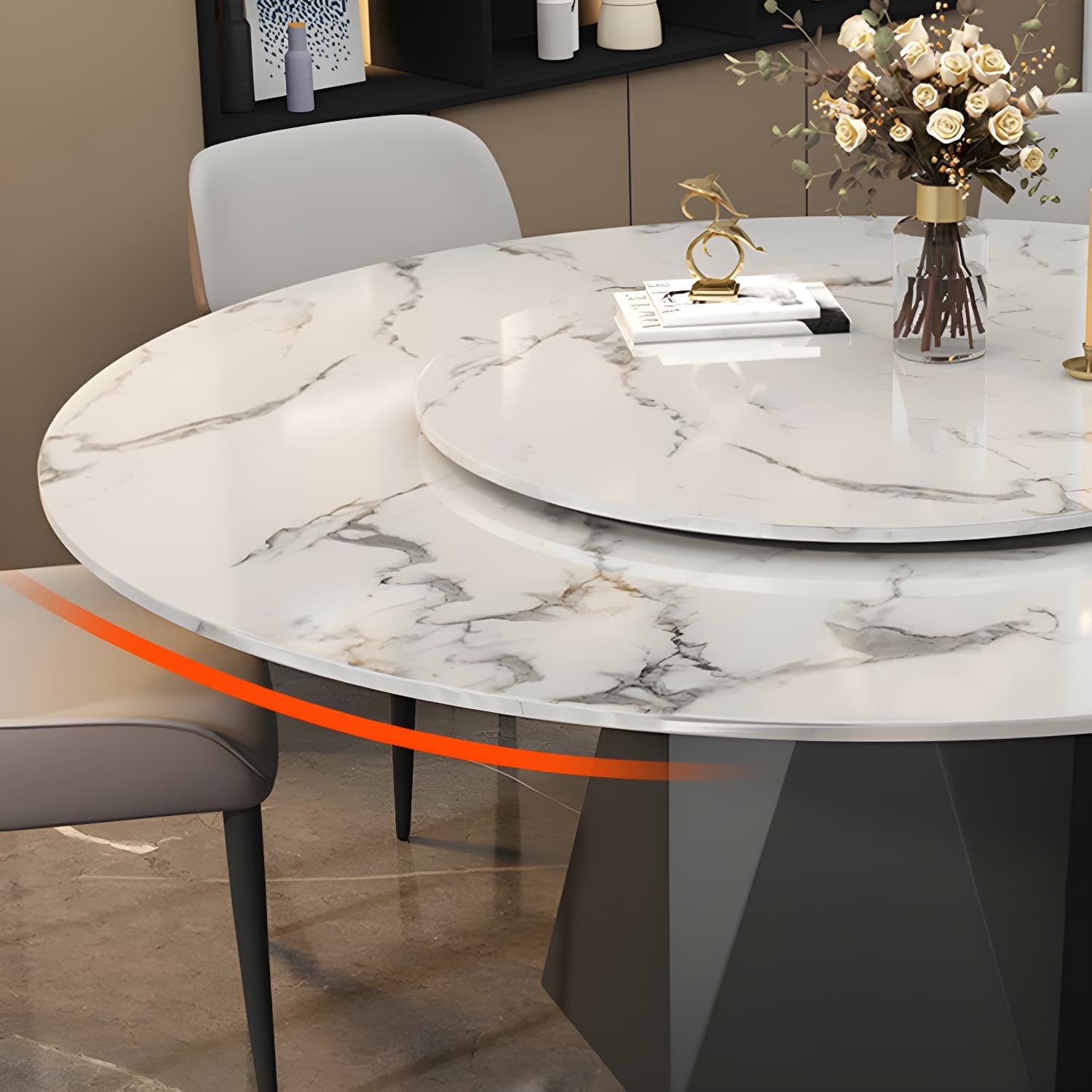 Round White Marble Modern Dining Table with Black Steel Pedestal Base and Convenient Lazy Susan - image 7