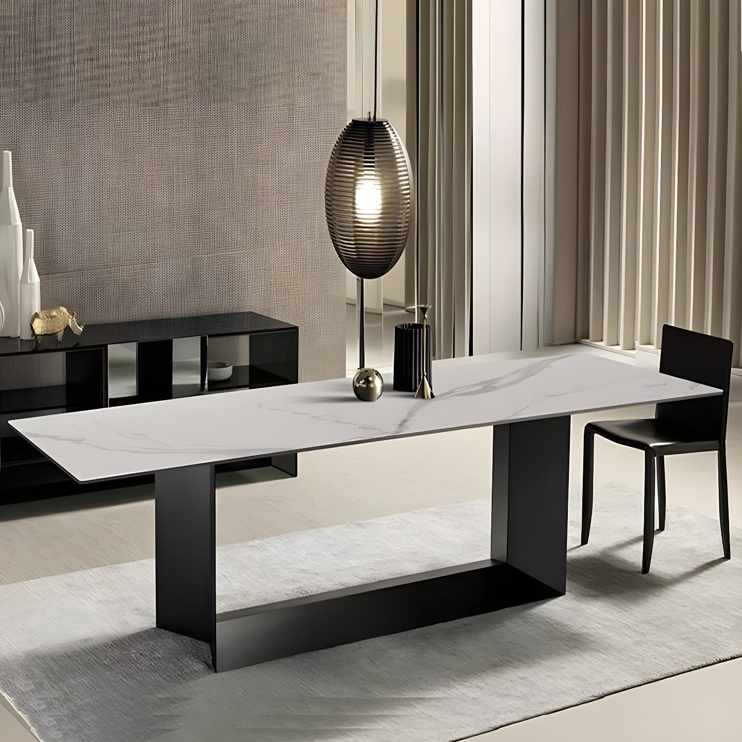 Modern Rectangle Stone Top Dining Table with Sleek Black Steel Trestle Base - image 3