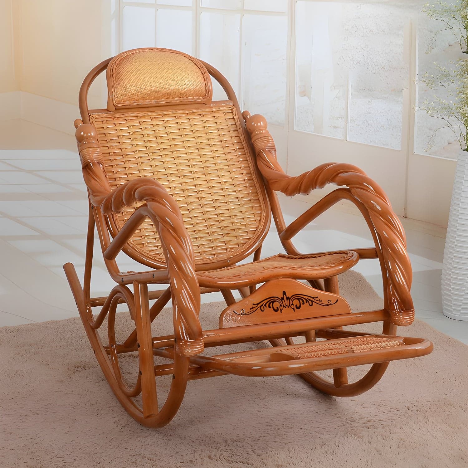 Traditional Rocking Chair Wicker Spindle Backrest Solid Color Indoor Rocking Chair - image 6
