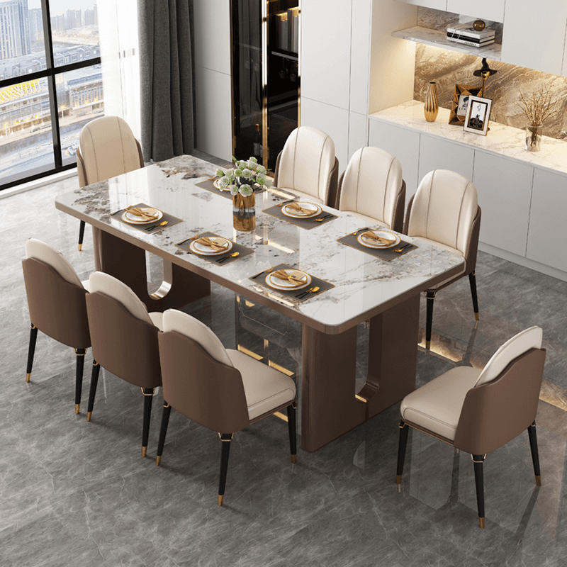 Rectangular Slate Dining Table Set with Two-sided Pedestal, Padded Chair, Back, and Multicolor Top