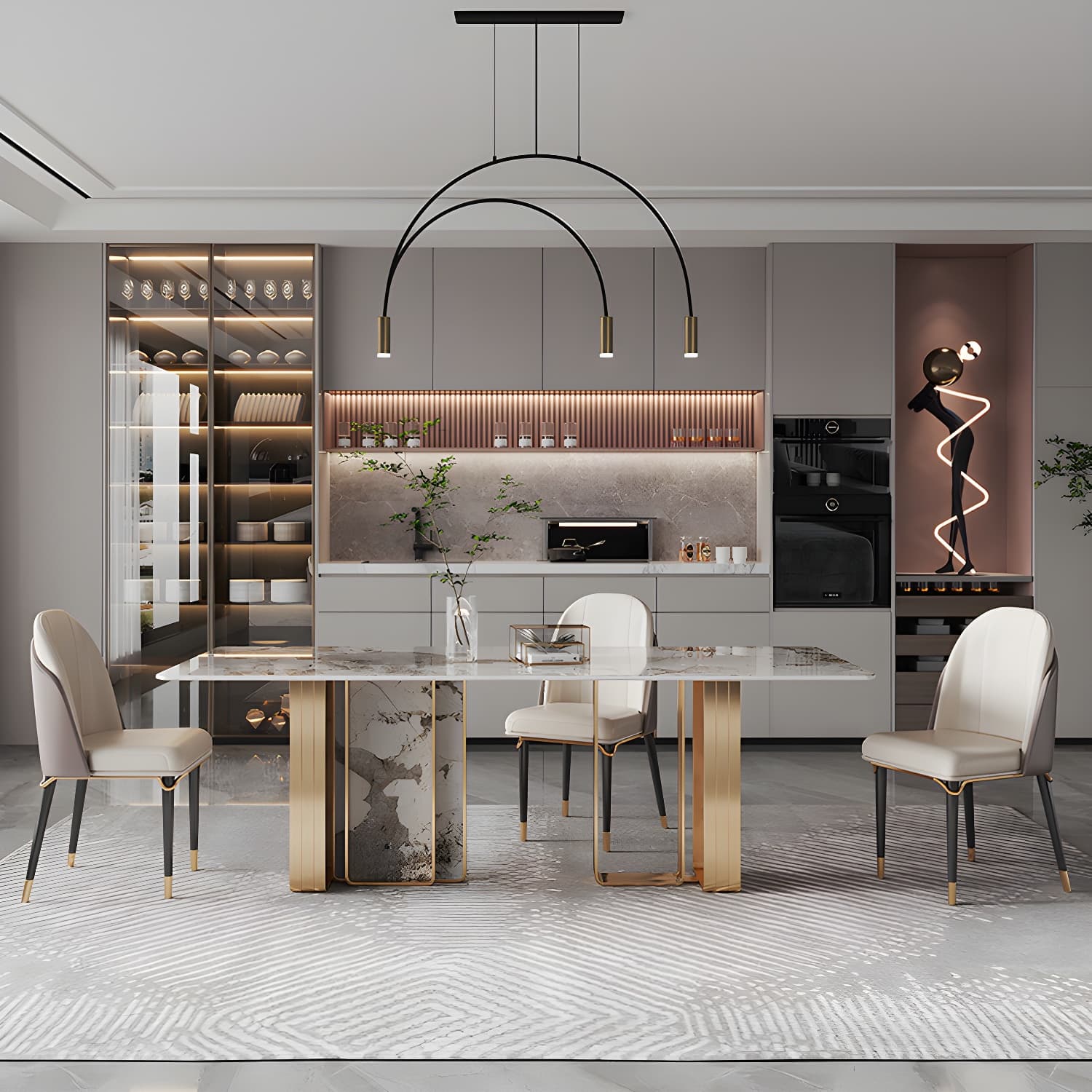 1/4/5/9 Pieces Rectangle Glam Furniture Stone Dining Table Set with Double Pedestal Base - image 3