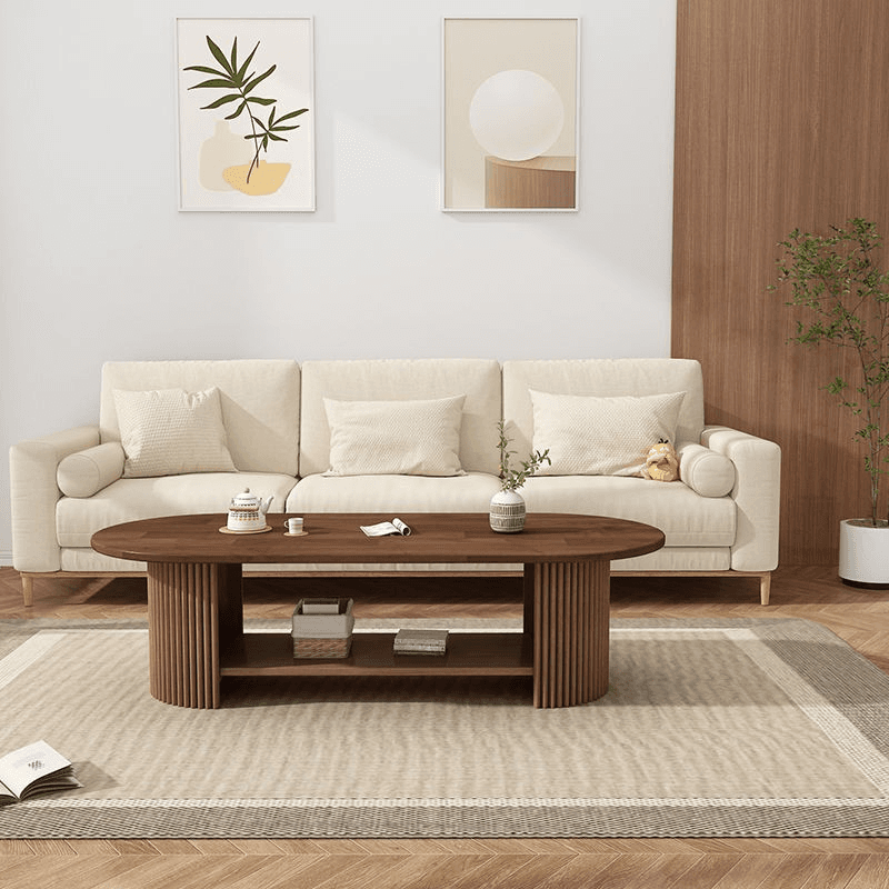 Elegant 2 Tiers Oval Natural Wood Board Game Coffee Table with Twin Support and Repository Storage, 1 Shelf - image 3