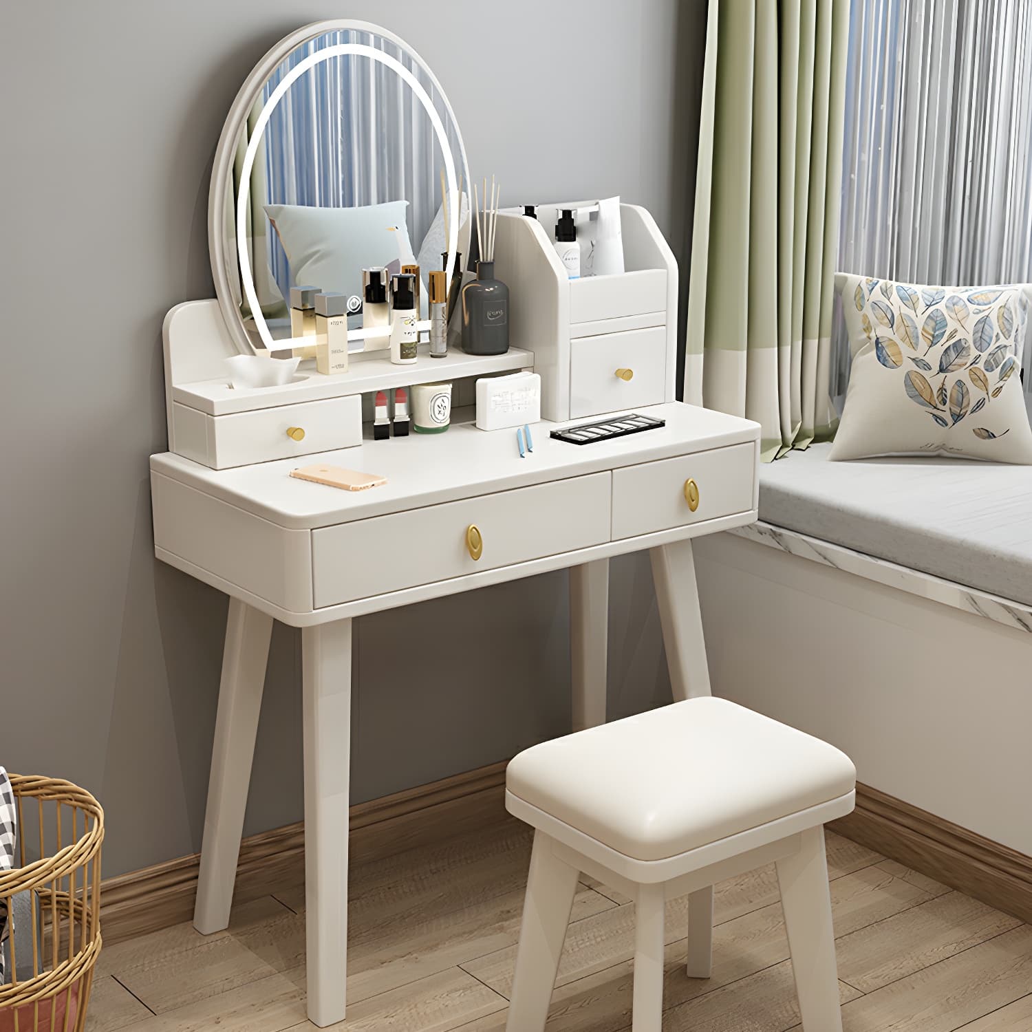 Modern Wood Makeup Vanity with Drawers, Mirror & Upholstered Chair - image 6