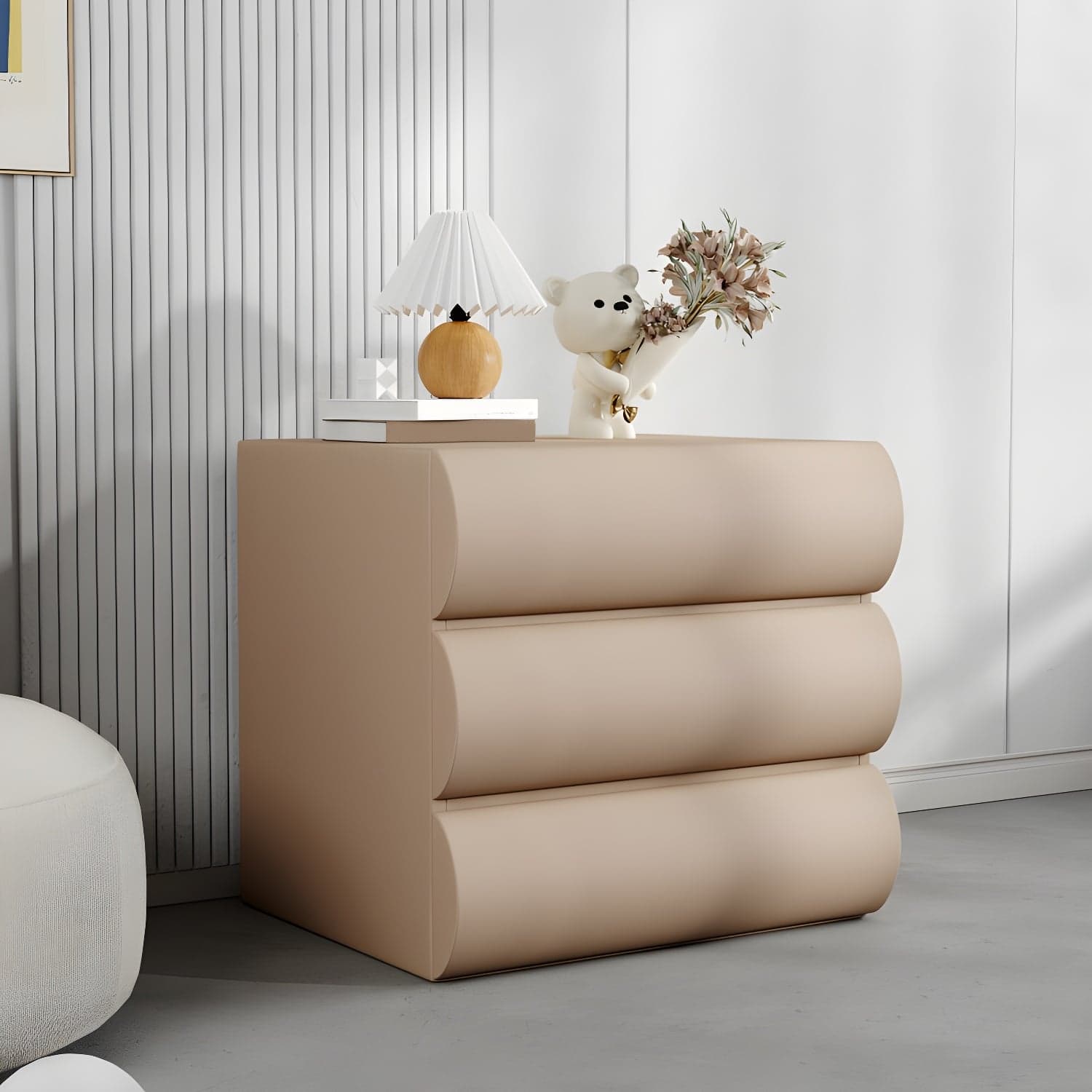 Modern Wood Nightstand with Drawer Storage in Faux Leather - Small Size - image 3