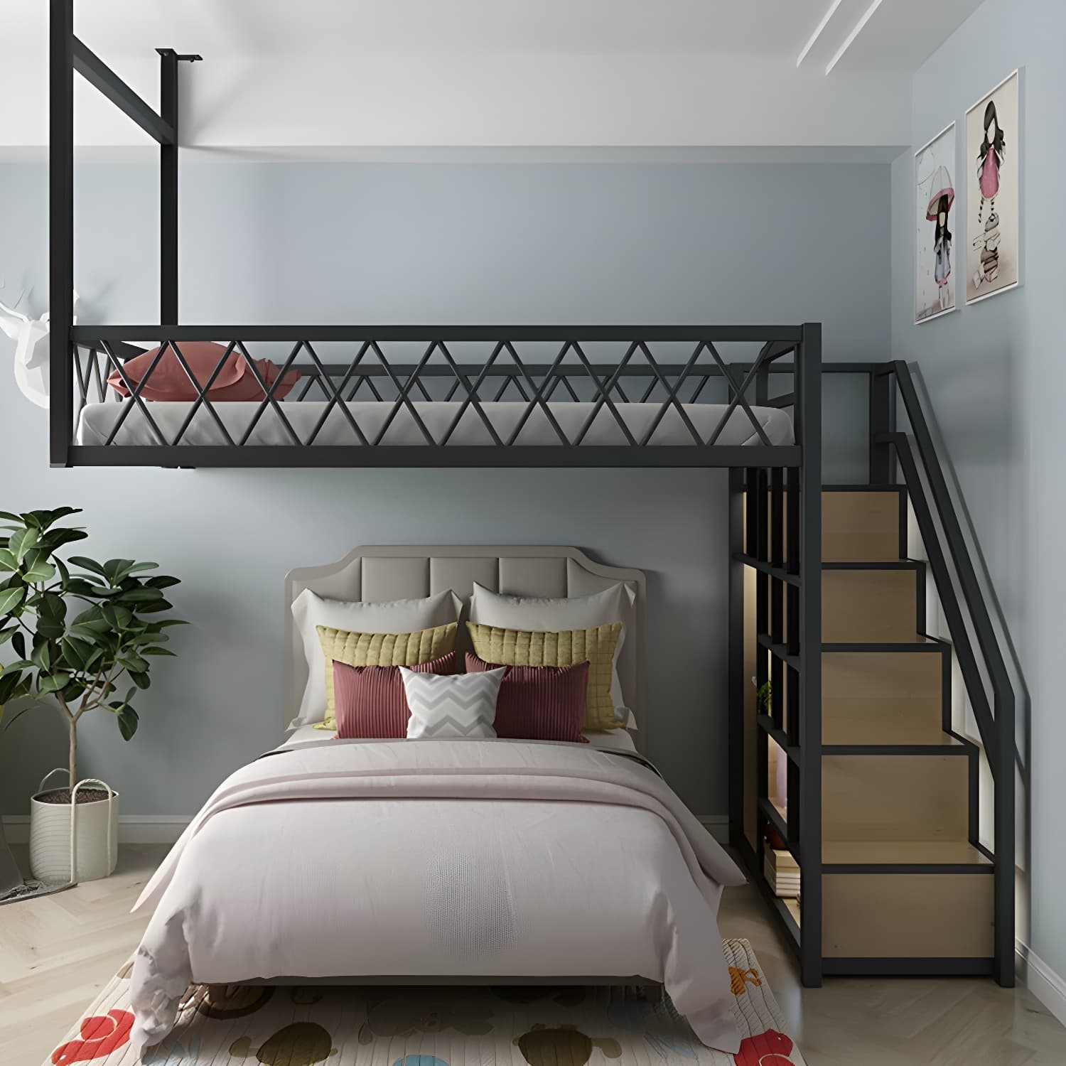 Modern Wood/Metal Bed with Light Wood Tone & Tall Clearance Storage Cabinets - image 11
