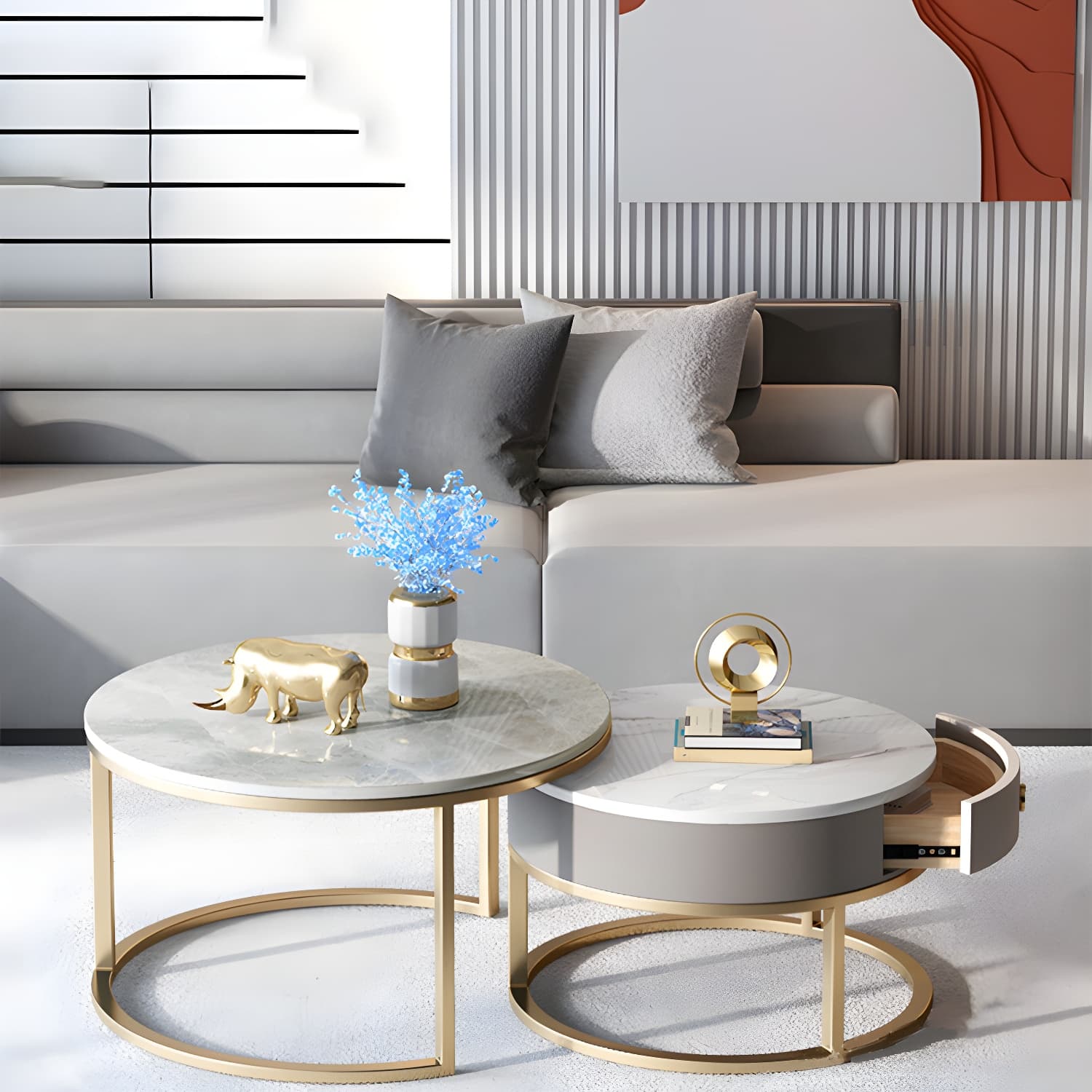 Slate Round Frame Coffee Table Modern Nesting Coffee Table Set with Drawer - image 18