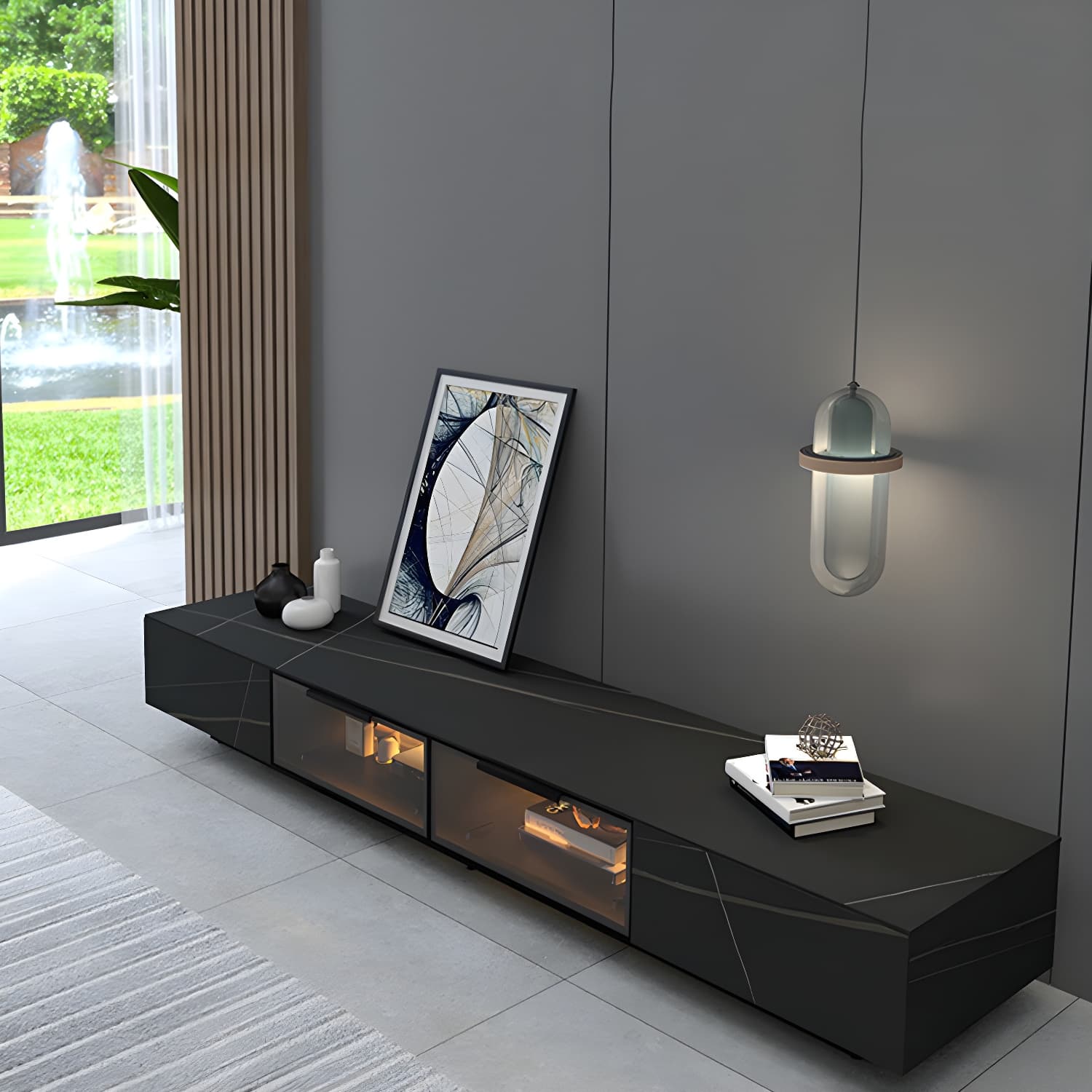 Modern Slate TV Stand White Closed Storage TV Console with Sensor Light - image 3