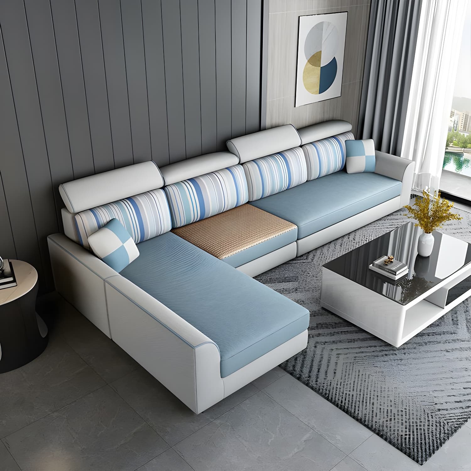 Modern L-Shape Reversible Wood Frame Sectional Sofa Chaise Set - image 9