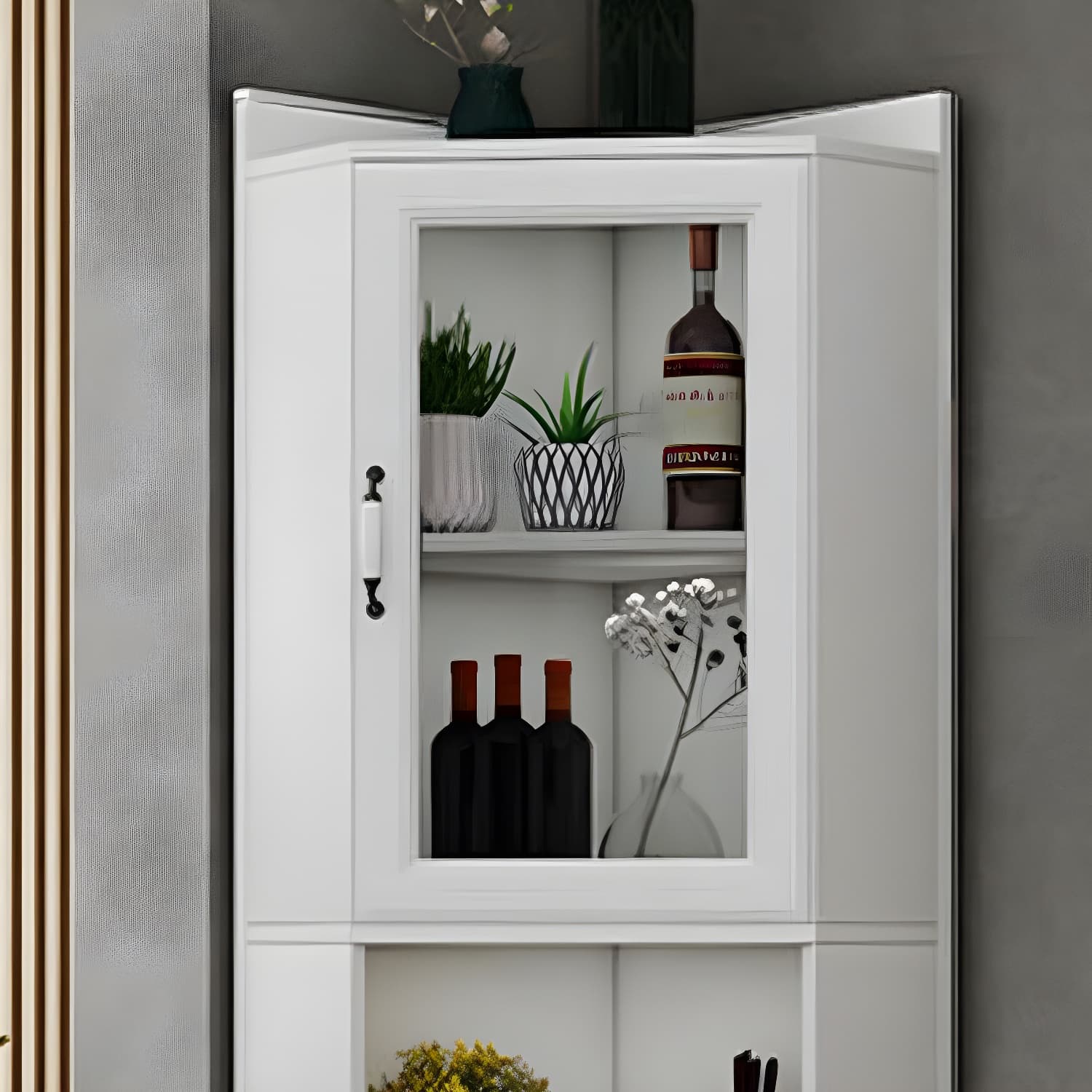 Modern White Corner Accent Cabinet with Glass Doors and Adjustable Interior Shelves - image 4