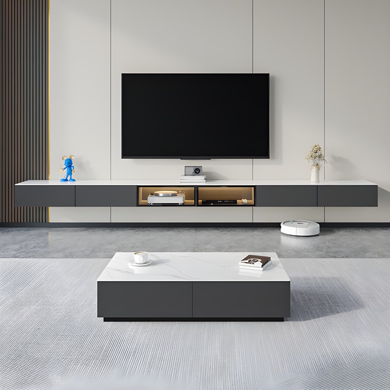 Modern Wall-mounted TV Media Stand Slate Top Wood Frame with Storage