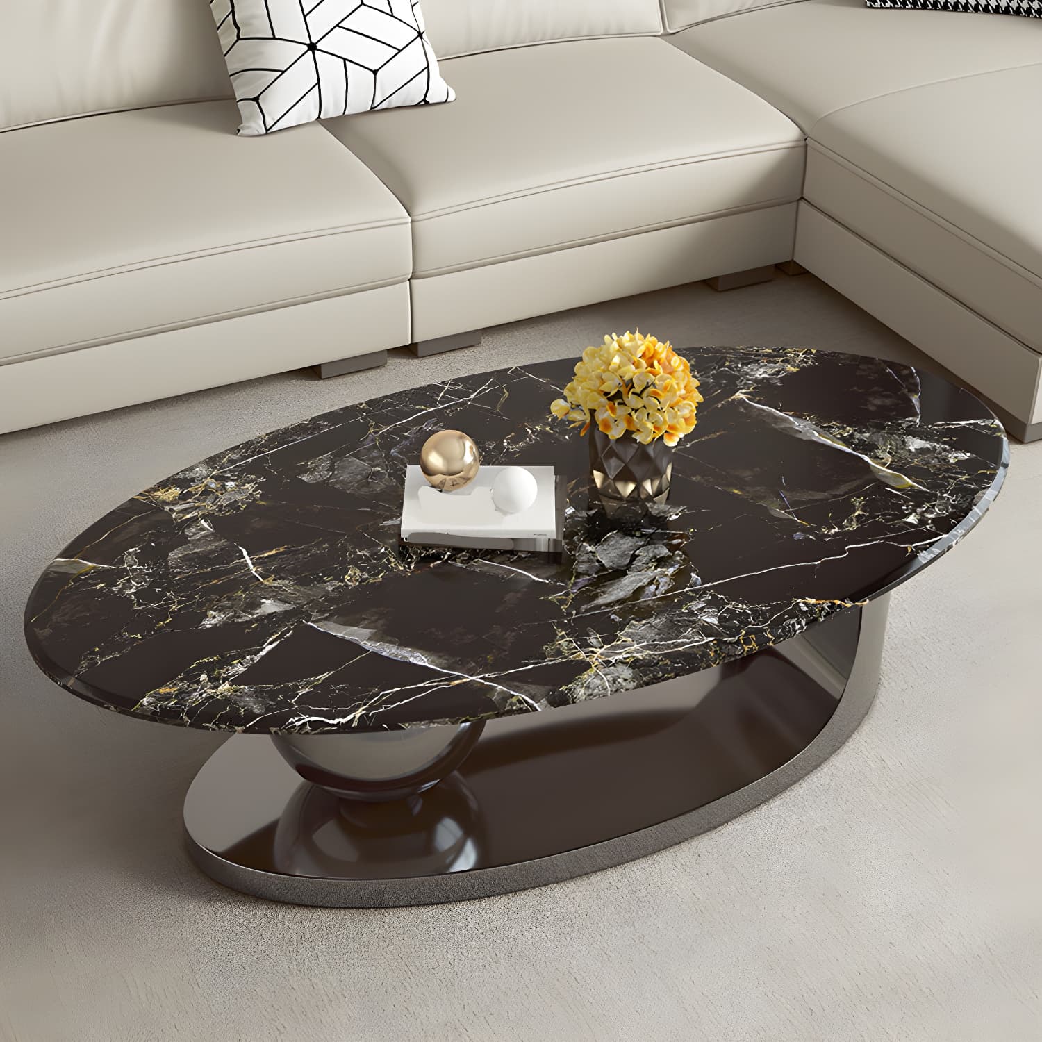 Chic Oval Stone Coffee Table - Modern Elegance with Metal Pedestal Base - image 6