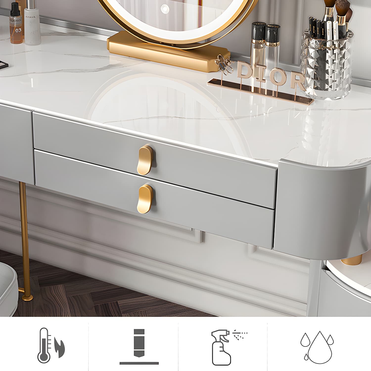 Storage Drawers Dresser Glass/Stone Top Dressing Table with Mirror & Stool - image 10