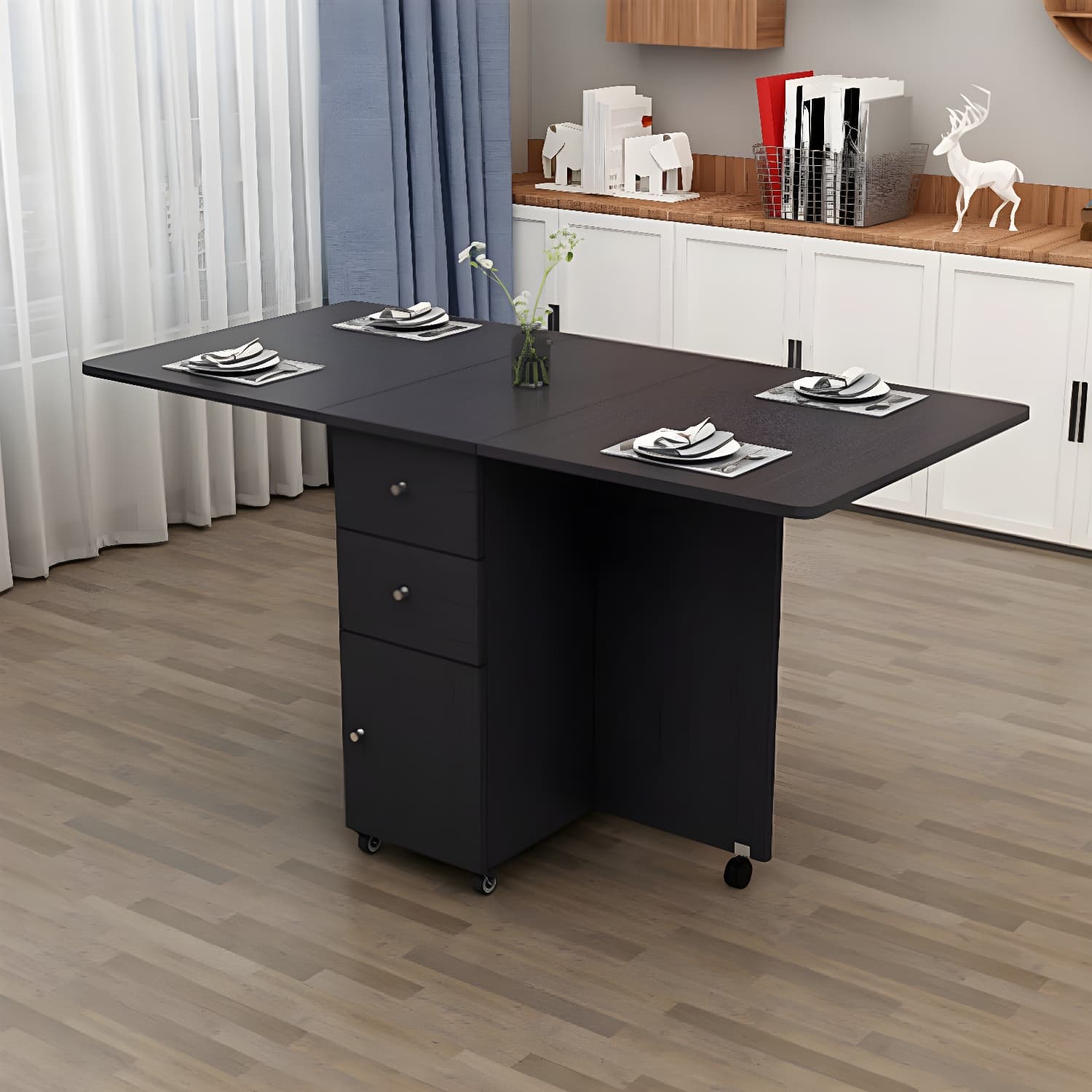 Solid Wood Mid-Century Rectangle Table Wooden Top Table with Drop Leaf