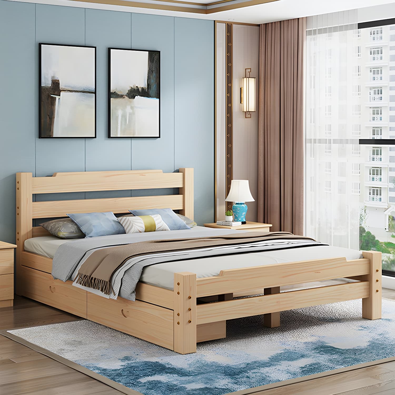 Pine Wood Bed in Light Brone Scandinavian Bed with Headboard - image 12