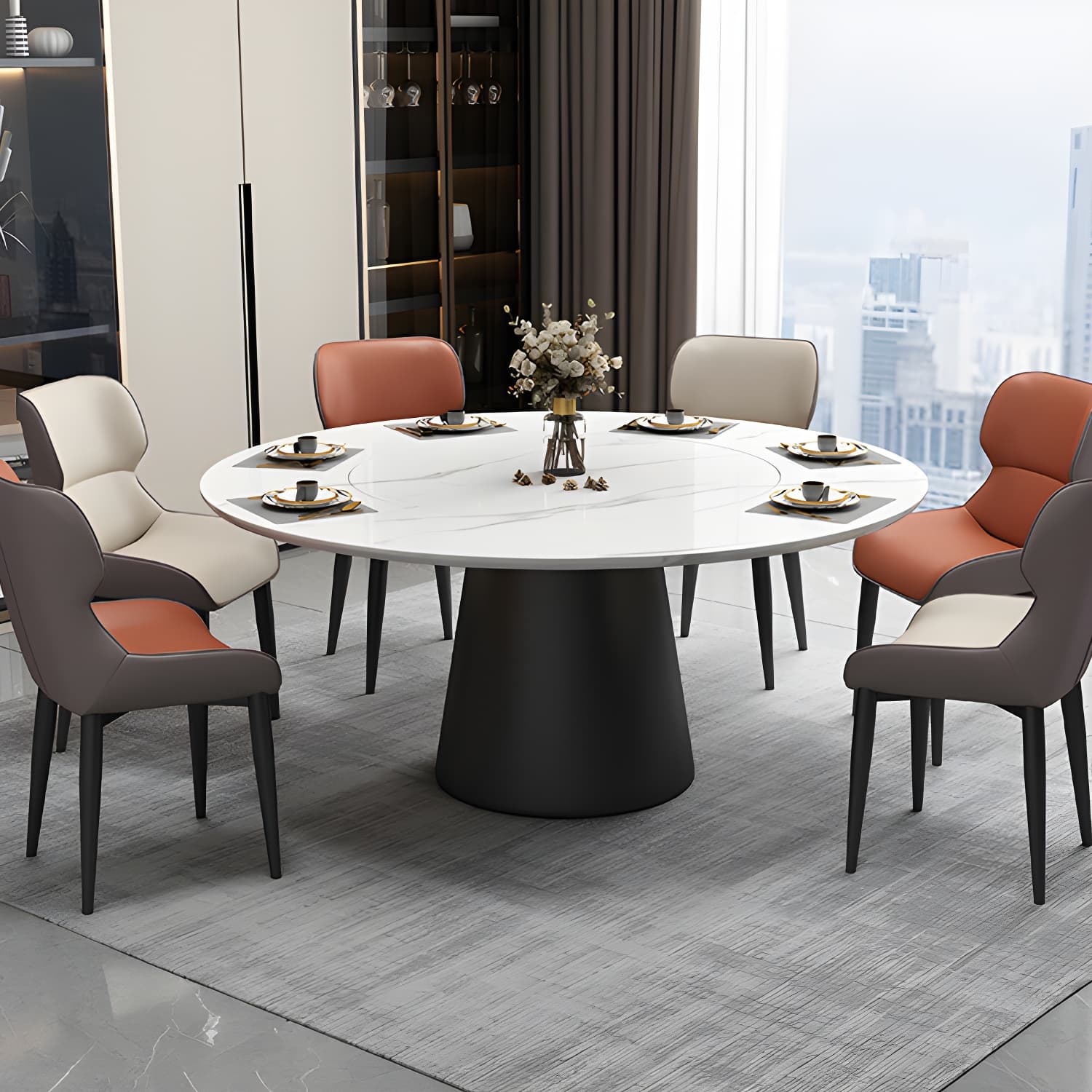 Modern Round Dining Table White and Black Metal Base Convertible Dining Table - image 15