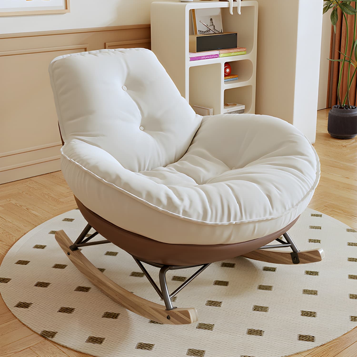 Indoor Contemporary Rocking Chair with Beige Upholstered and Wood Legs