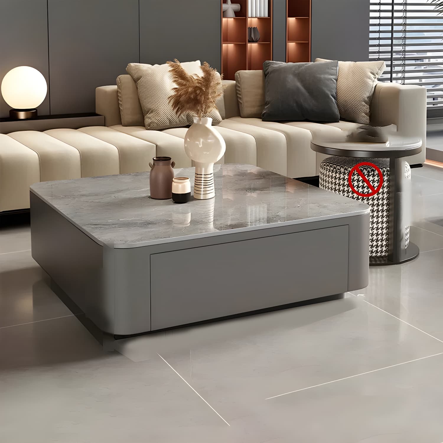 Modern Square Stone Coffee Table Set with Black Metal Block Base and Storage Drawers